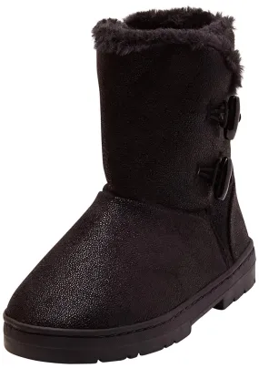 bebe Girls Big Kid Mid Calf Easy Pull-On Shimmery Winter Boots Embellished with Faux Fur Trim