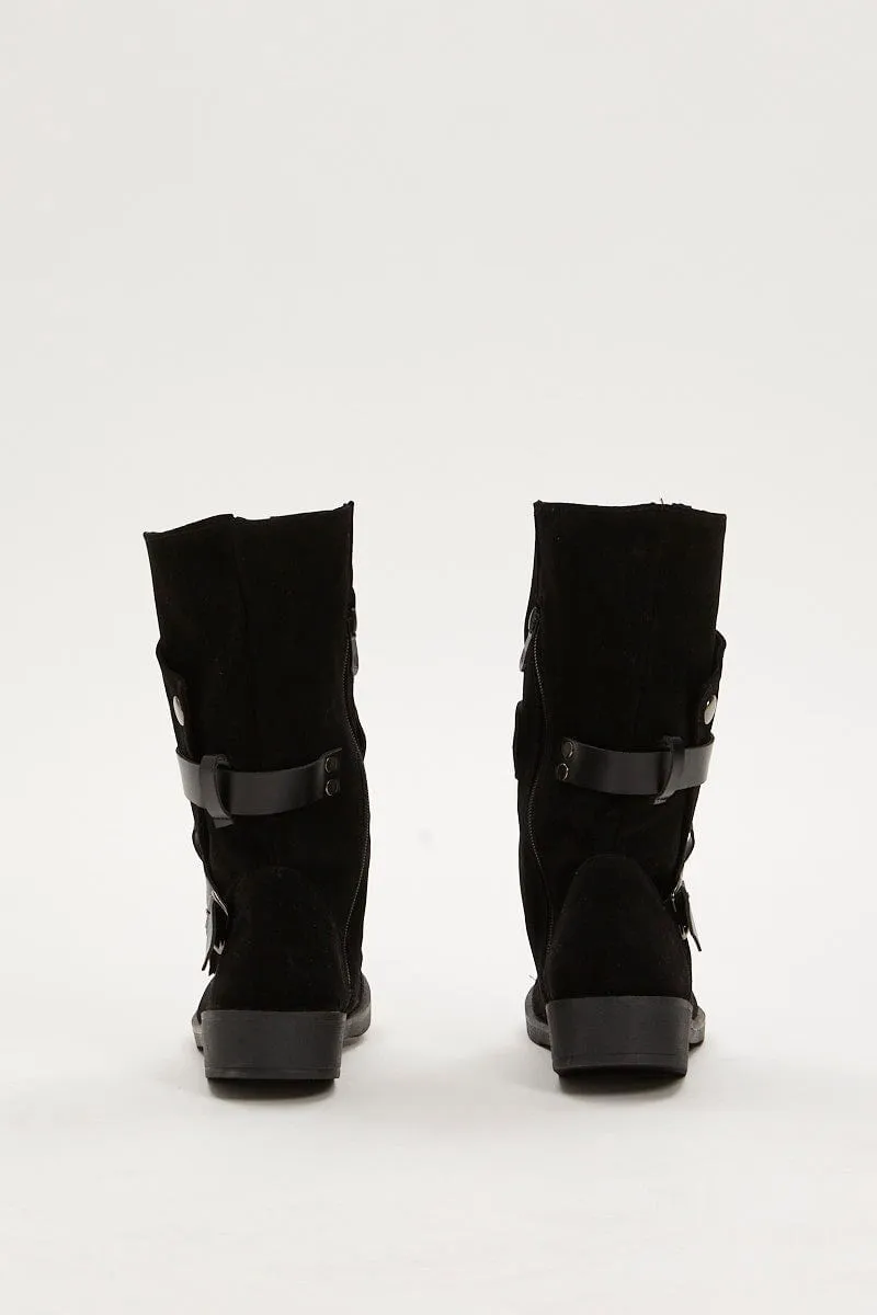 Black Buckle Detail Slouch Boots