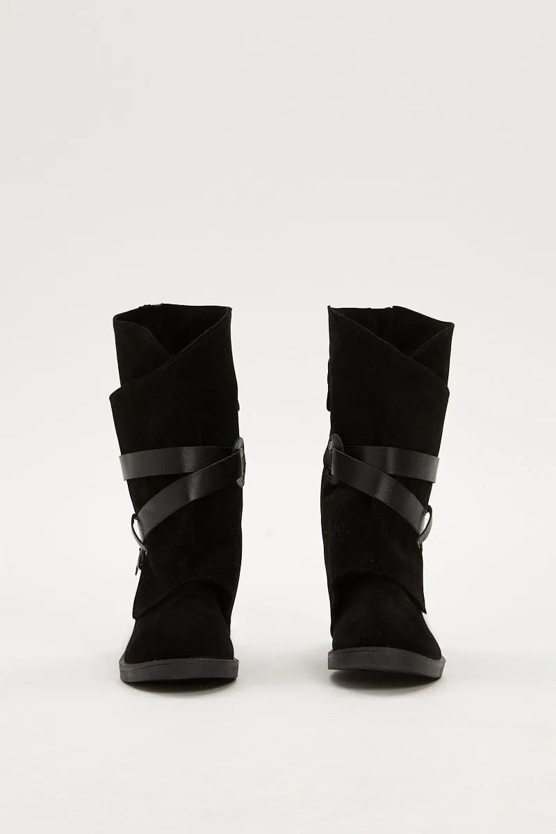 Black Buckle Detail Slouch Boots