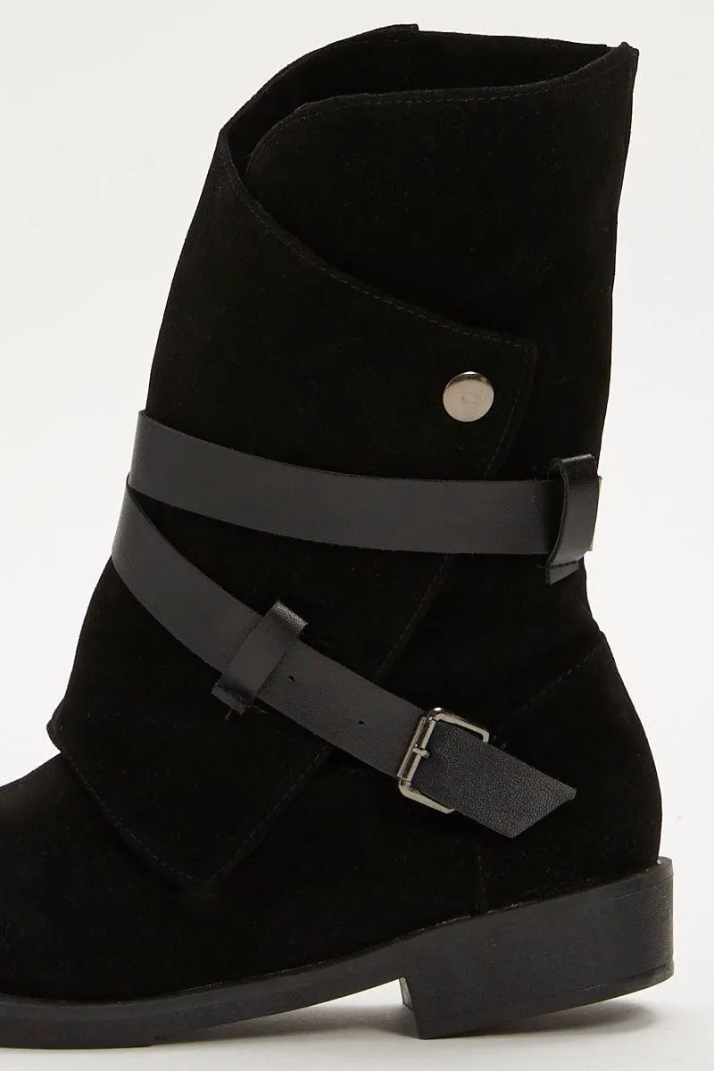 Black Buckle Detail Slouch Boots