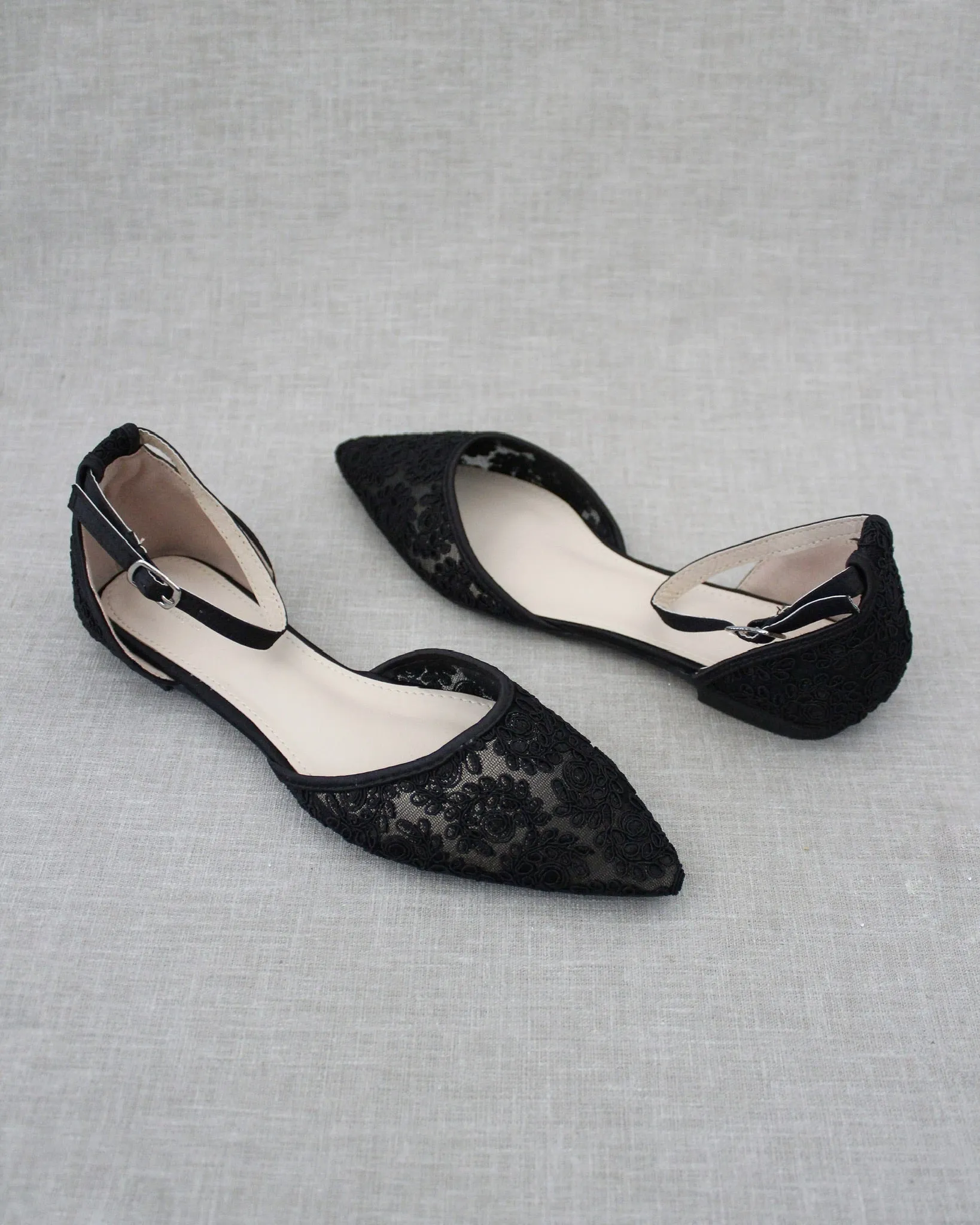 Black Crochet Lace Pointy Toe Flats with Ankle Strap