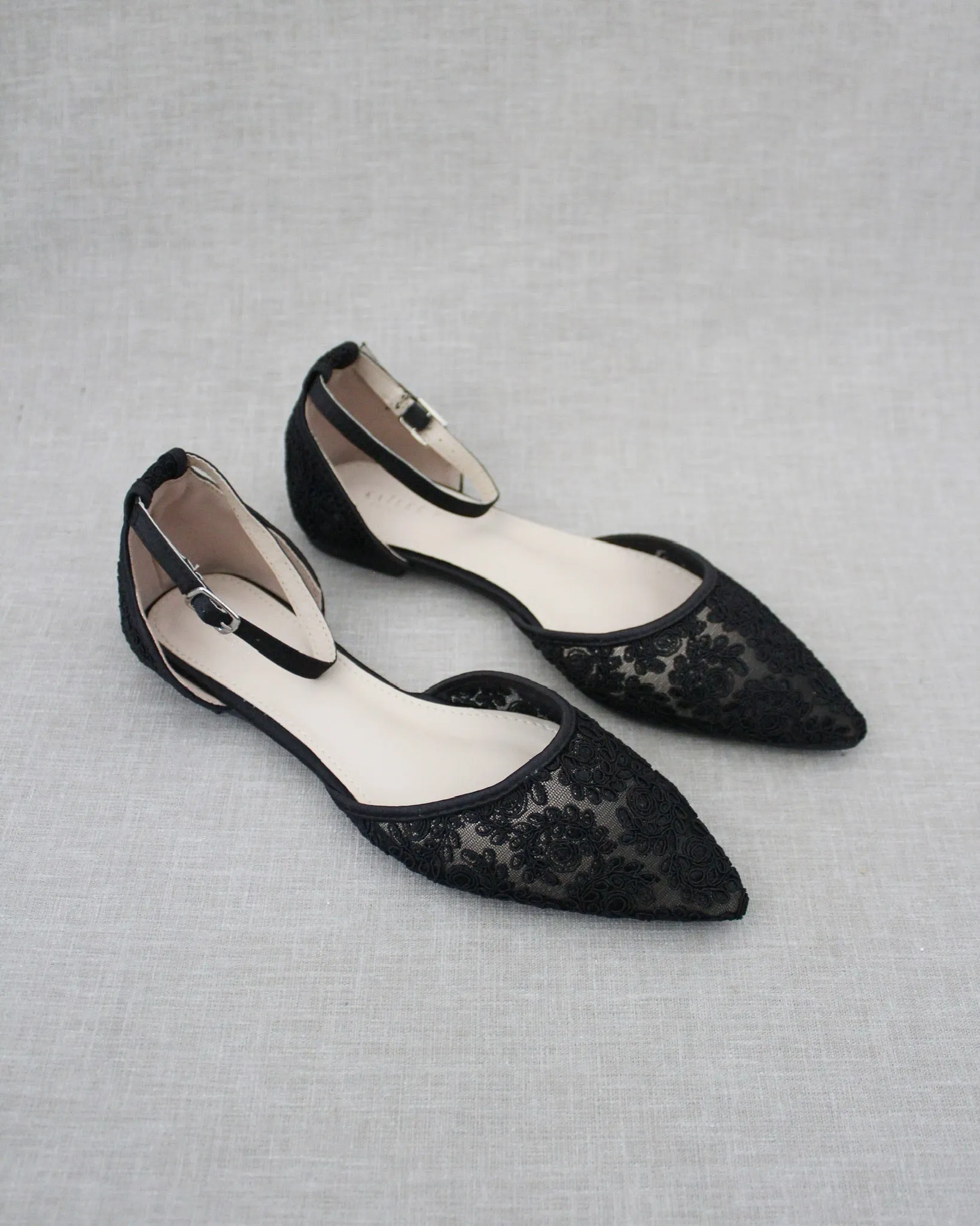 Black Crochet Lace Pointy Toe Flats with Ankle Strap