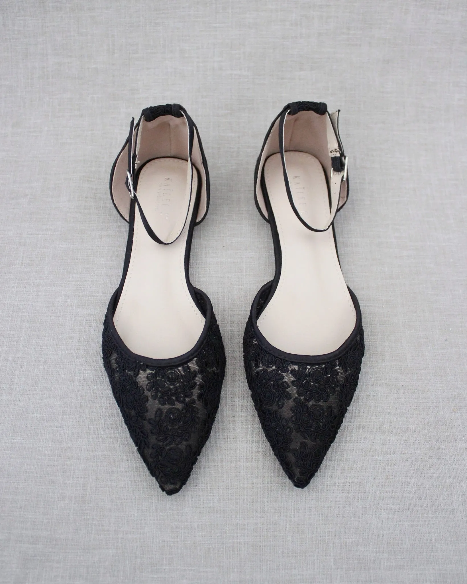 Black Crochet Lace Pointy Toe Flats with Ankle Strap