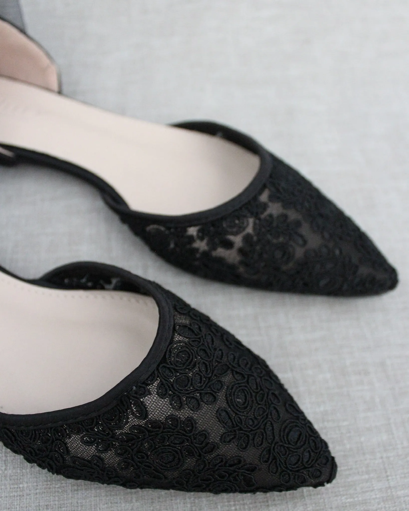 Black Crochet Lace Pointy Toe Flats with Ankle Strap