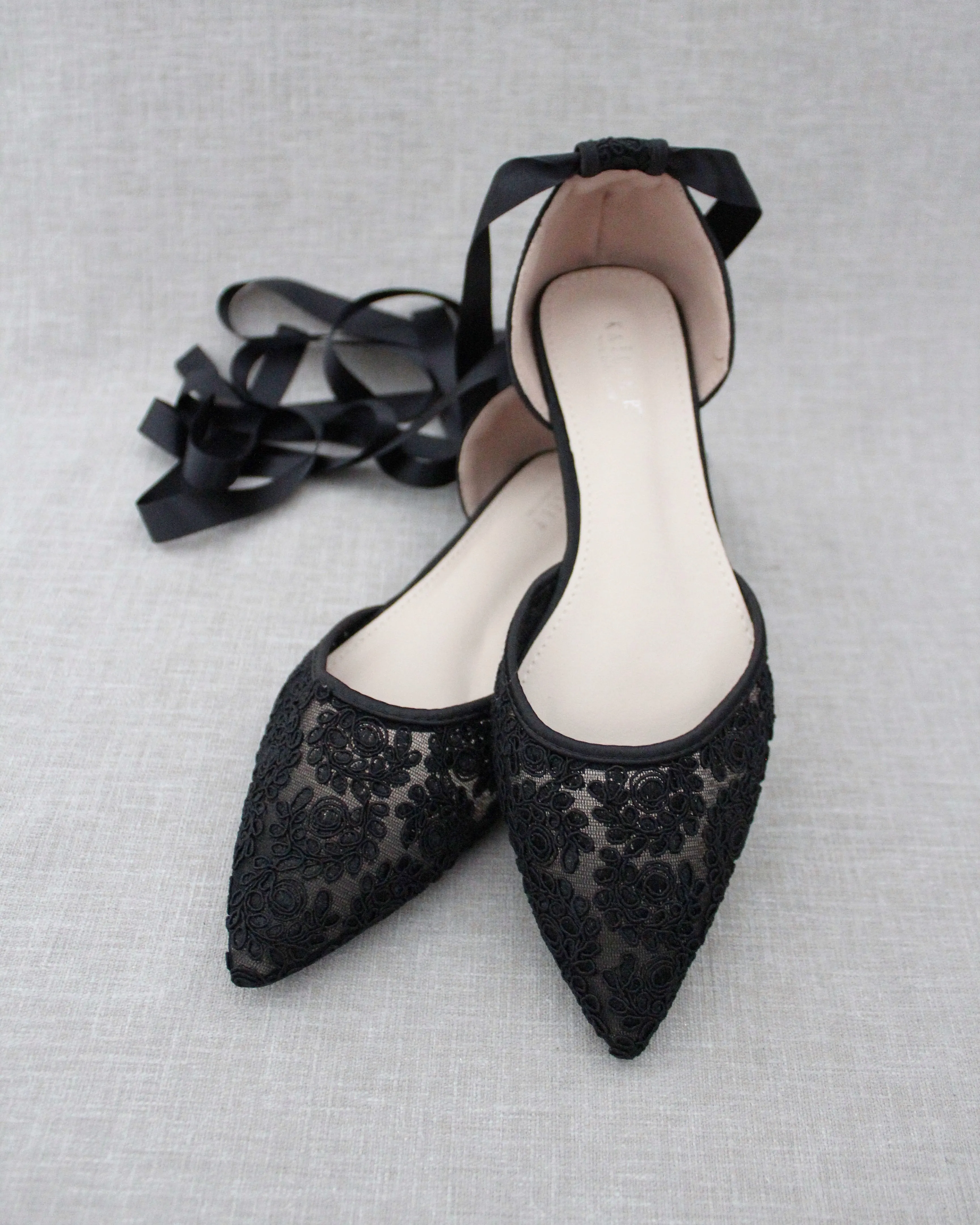 Black Crochet Lace Pointy Toe with Ballerina Lace Up or Ankle Tie