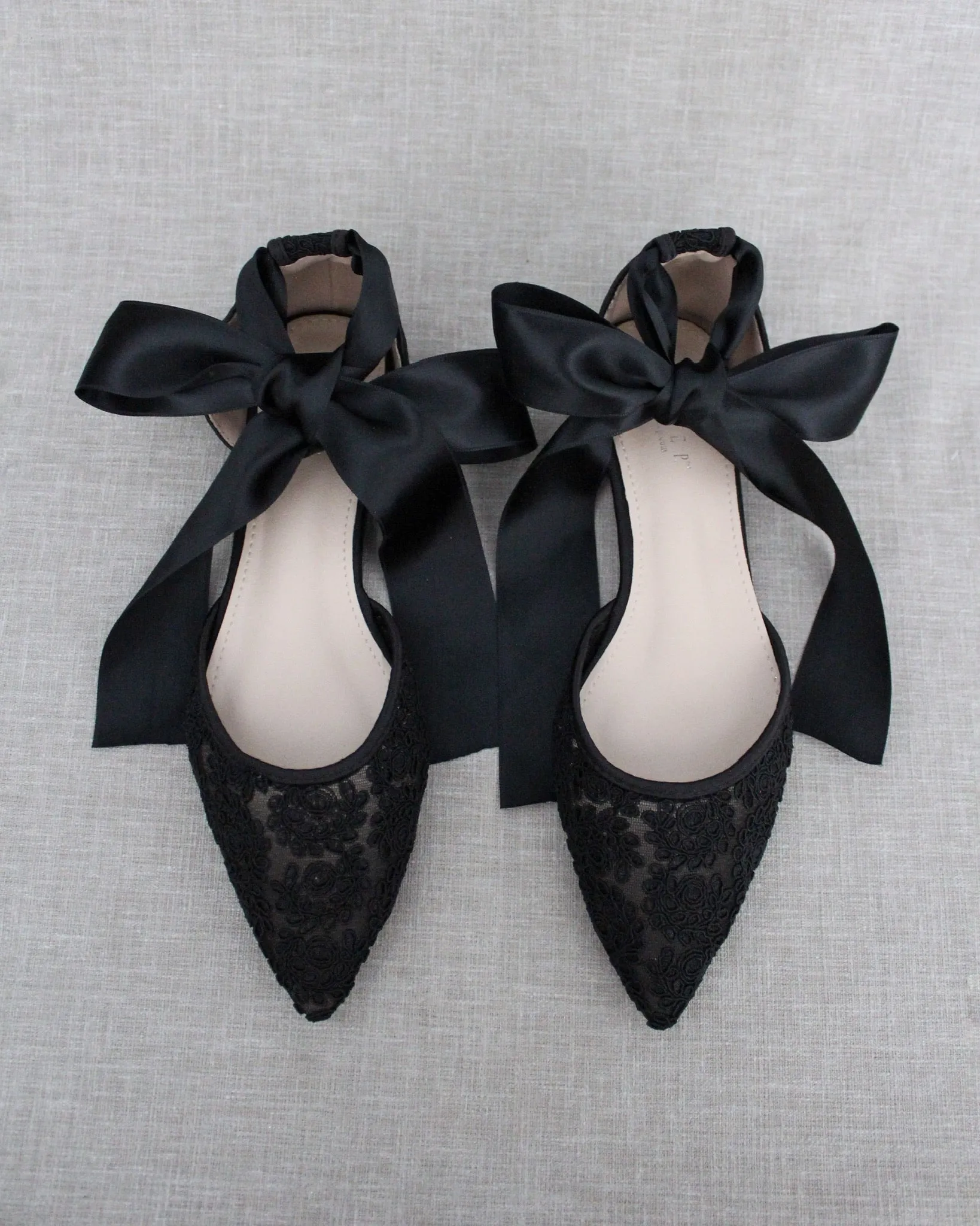 Black Crochet Lace Pointy Toe with Ballerina Lace Up or Ankle Tie