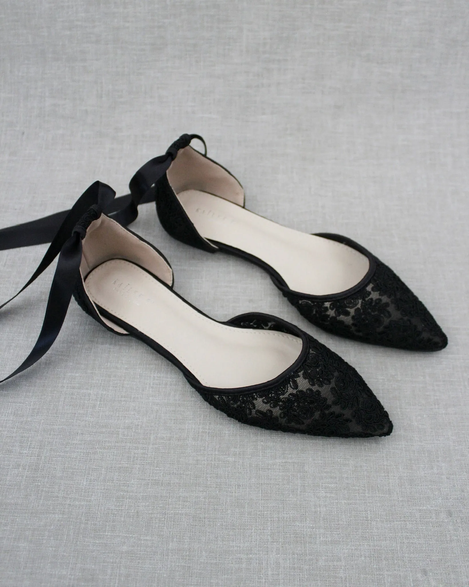 Black Crochet Lace Pointy Toe with Ballerina Lace Up or Ankle Tie