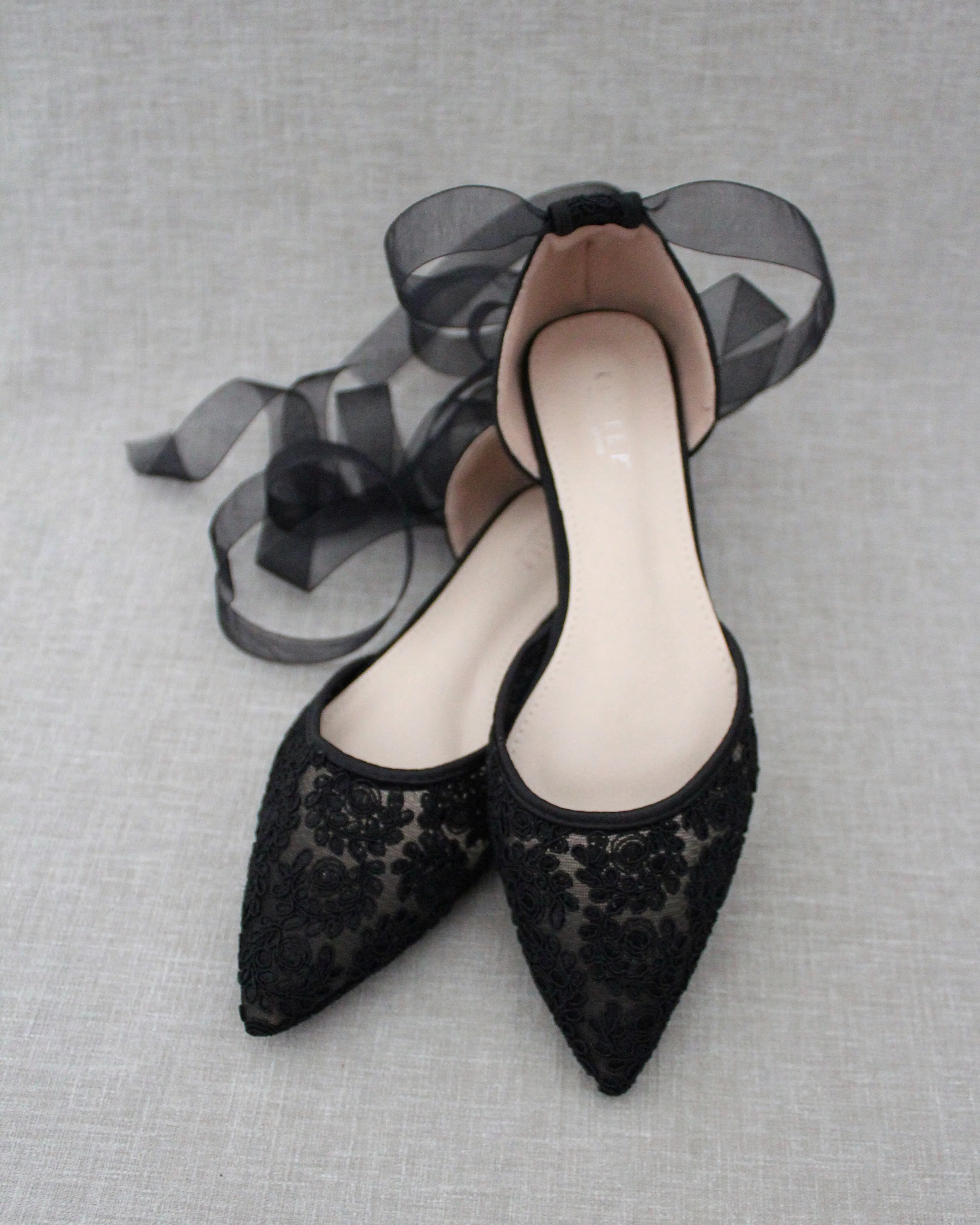 Black Crochet Lace Pointy Toe with Ballerina Lace Up or Ankle Tie