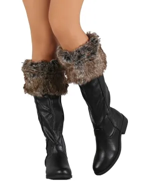 Black Faux Fur Cuff Round Toe Riding Knee High Vegan Boots