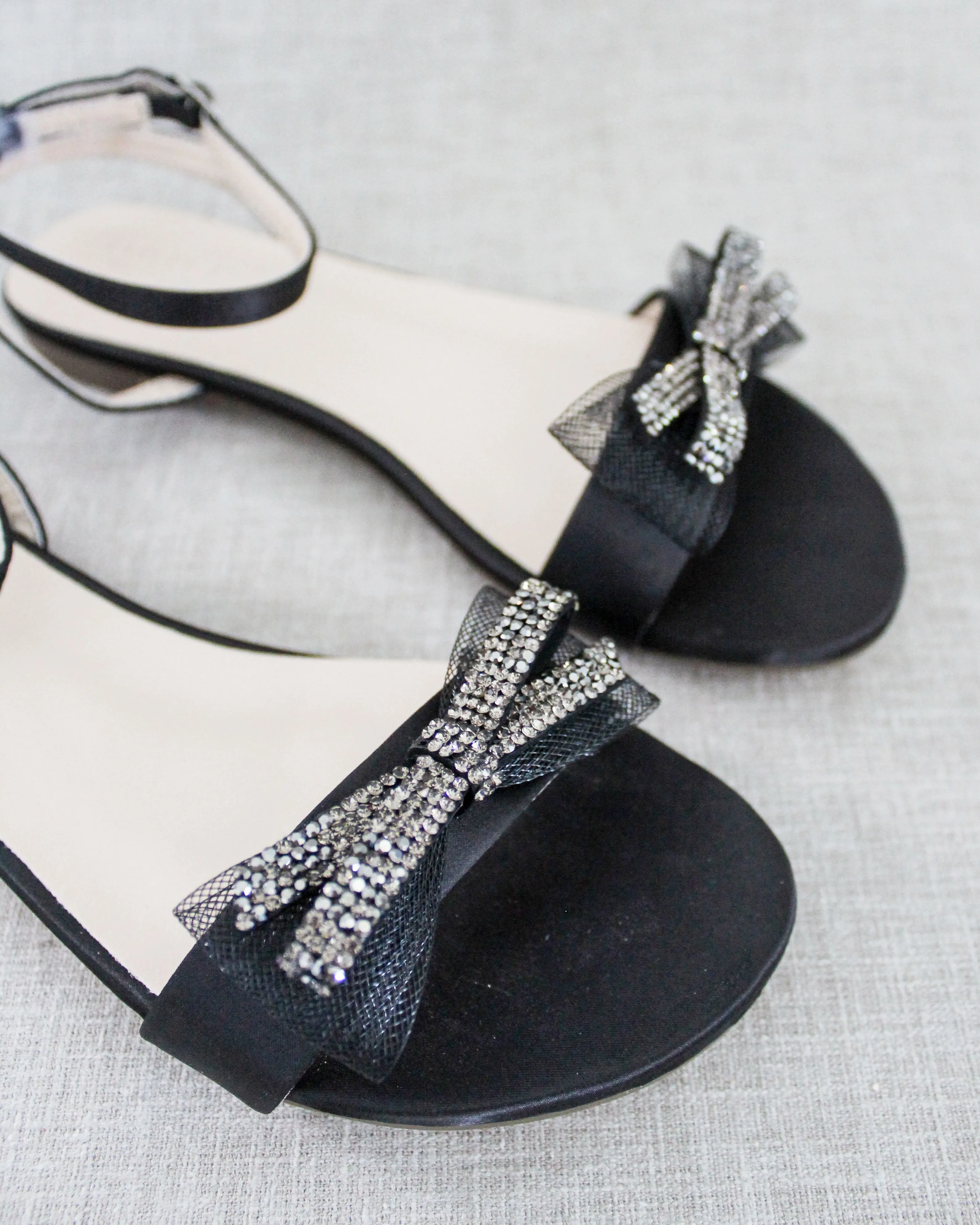 Black Satin Flat Sandal with Mesh Rhinestone Bow and Ankle Strap