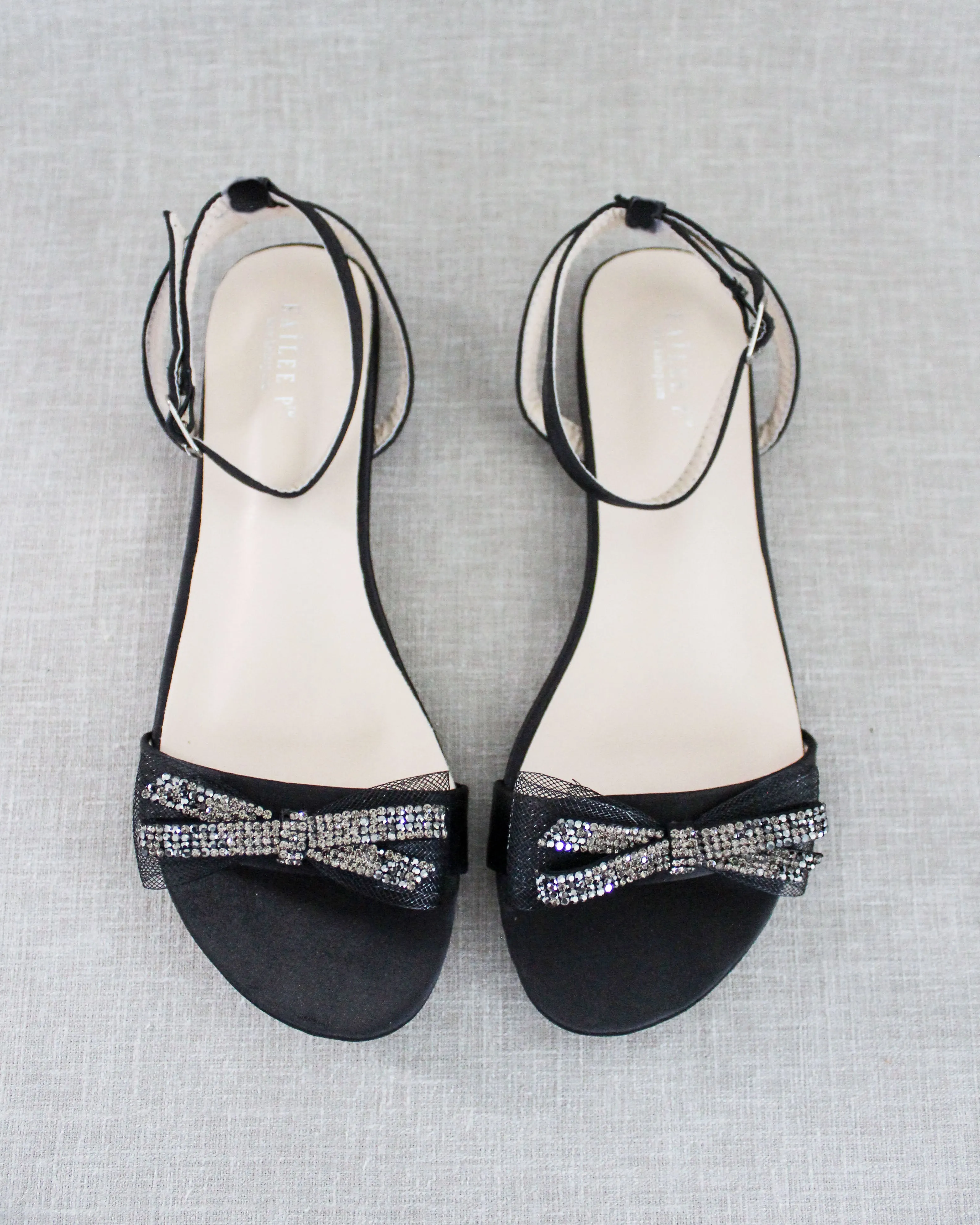 Black Satin Flat Sandal with Mesh Rhinestone Bow and Ankle Strap