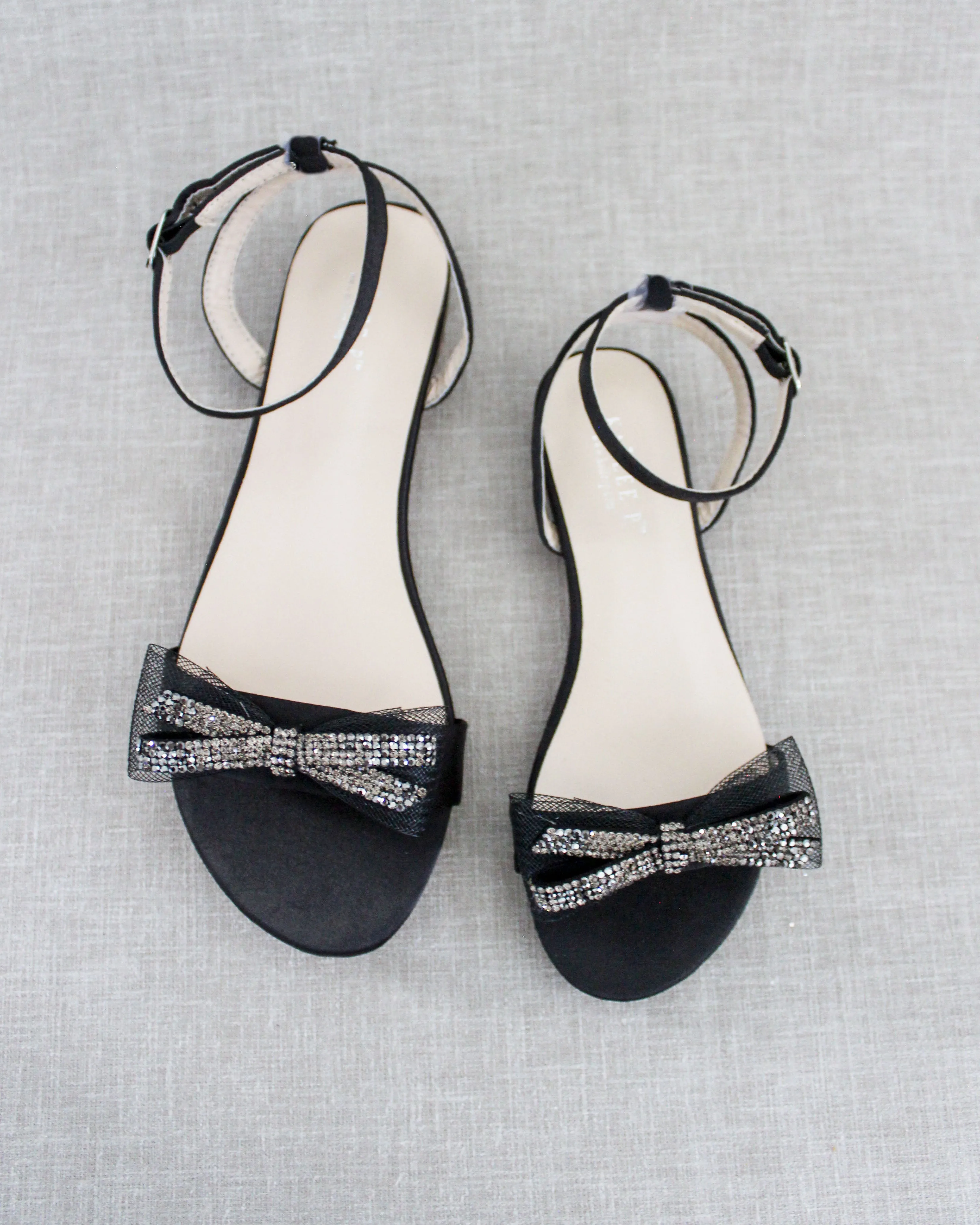 Black Satin Flat Sandal with Mesh Rhinestone Bow and Ankle Strap