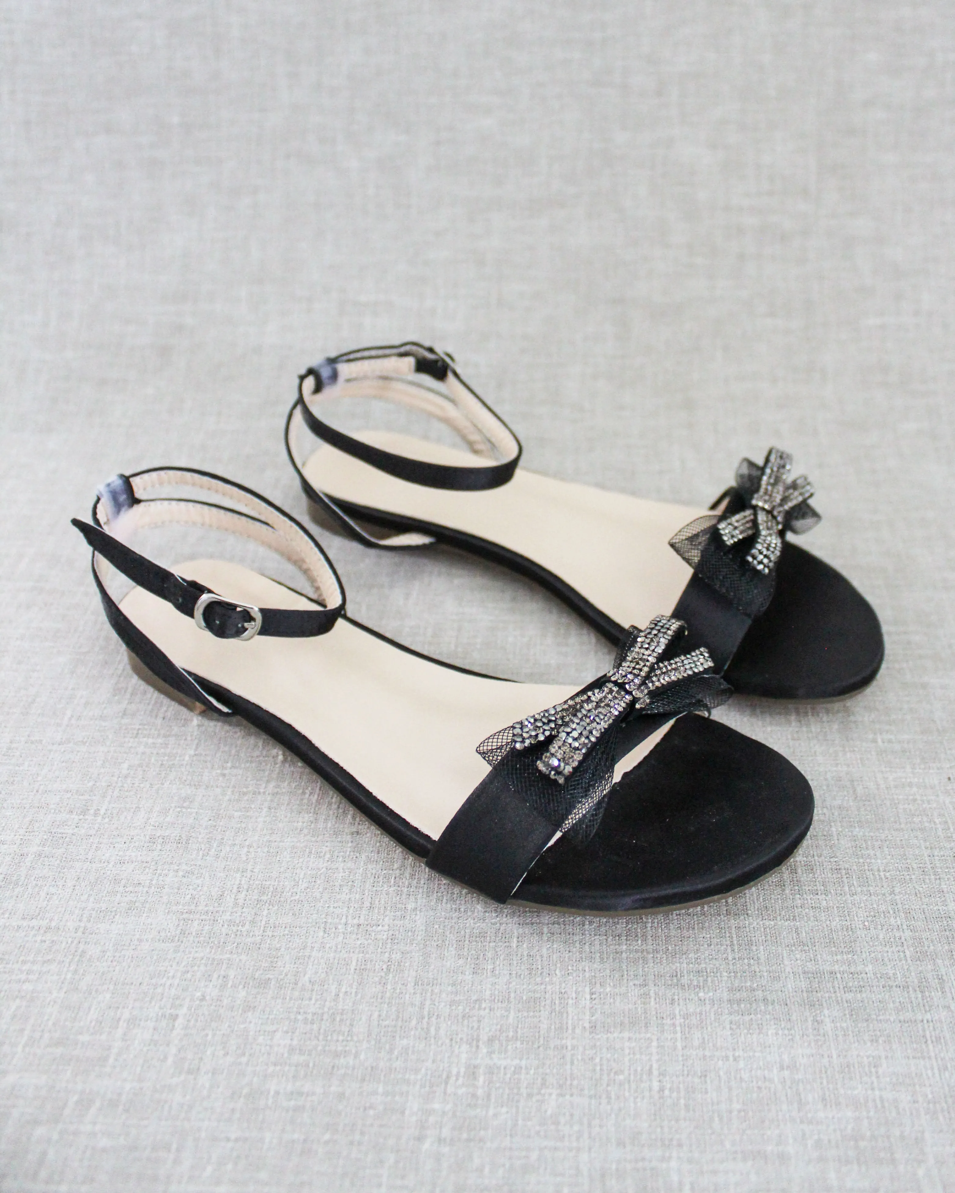 Black Satin Flat Sandal with Mesh Rhinestone Bow and Ankle Strap