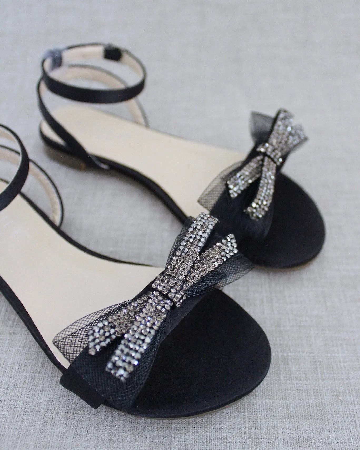 Black Satin Flat Sandal with Mesh Rhinestone Bow and Ankle Strap