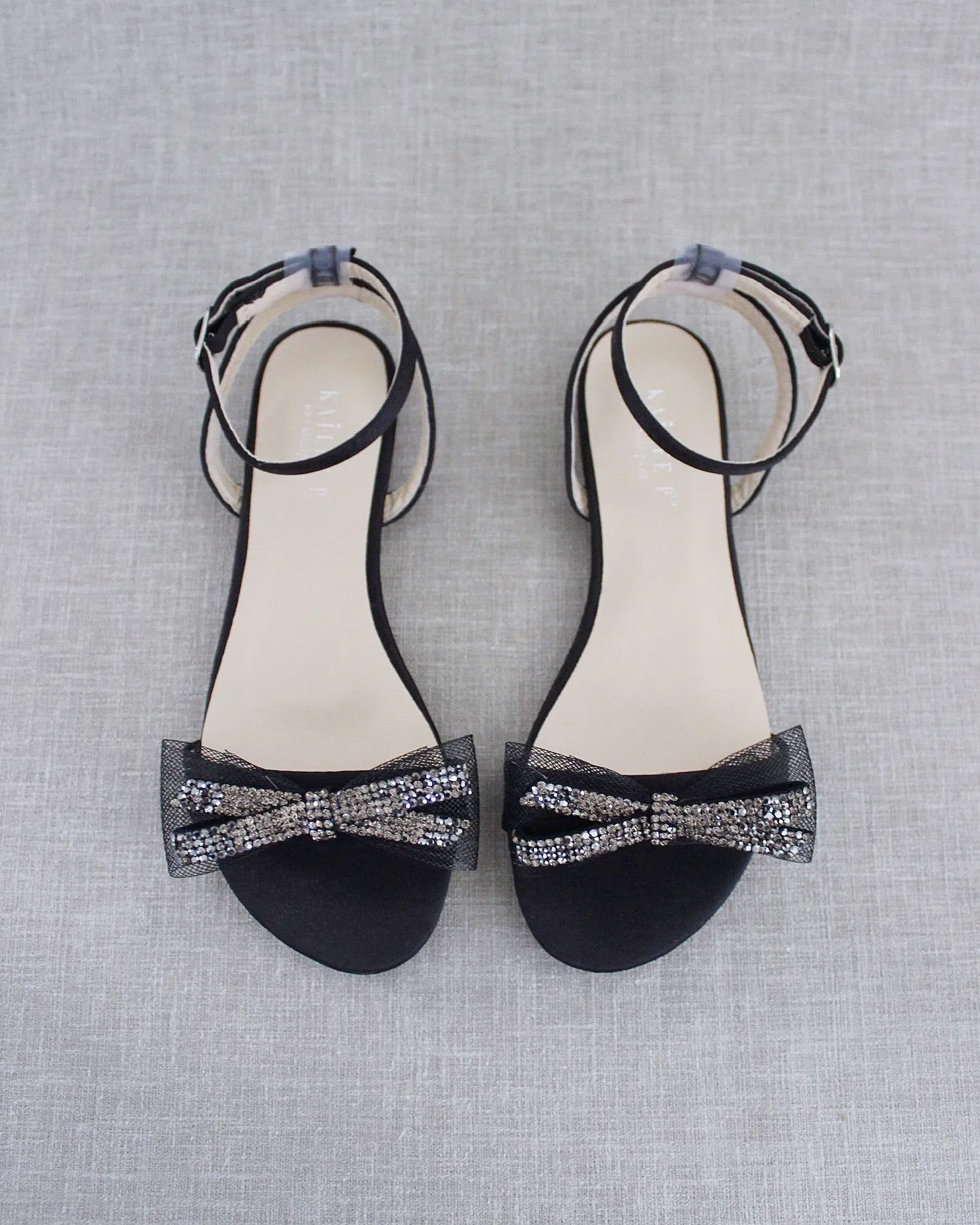 Black Satin Flat Sandal with Mesh Rhinestone Bow and Ankle Strap