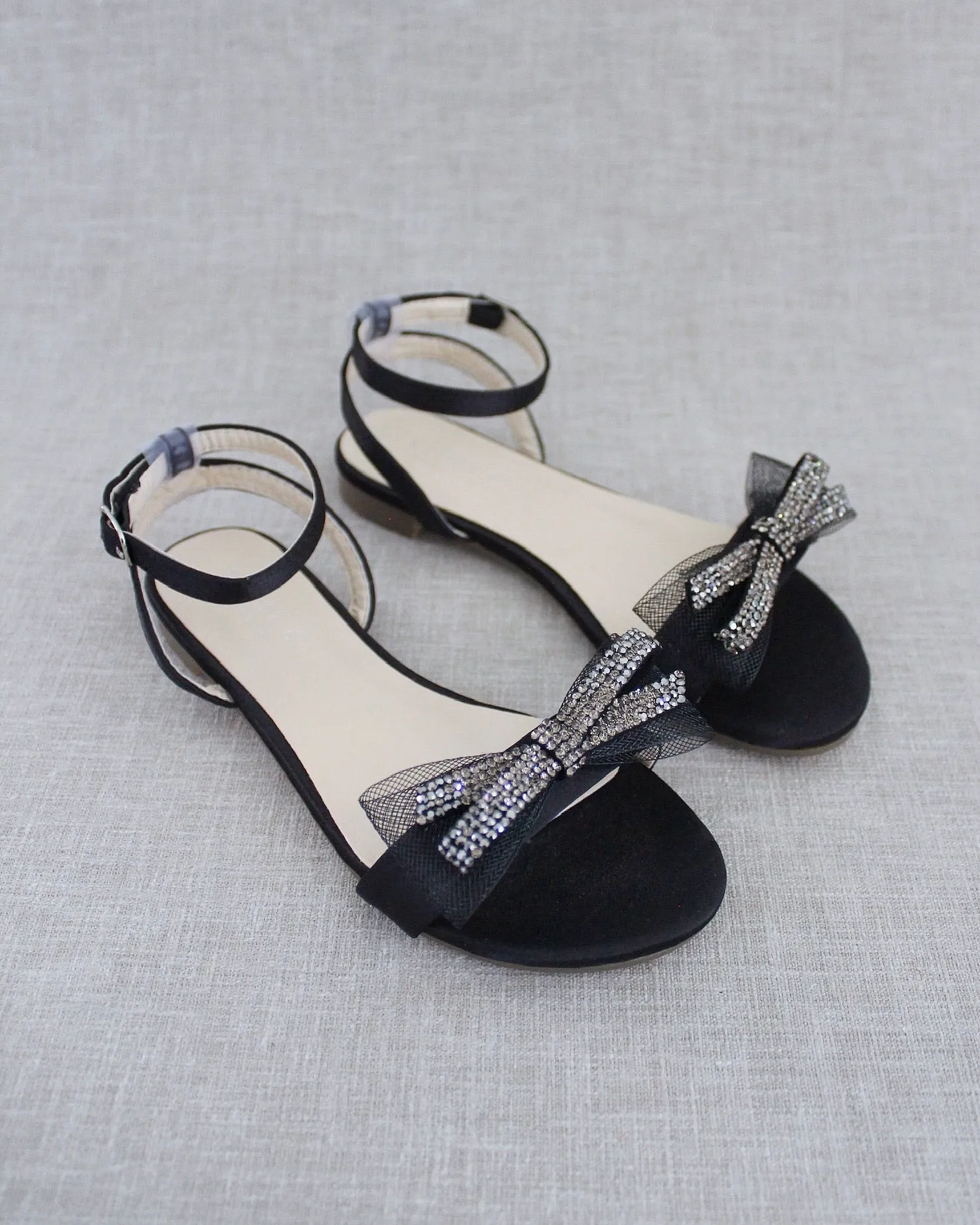 Black Satin Flat Sandal with Mesh Rhinestone Bow and Ankle Strap