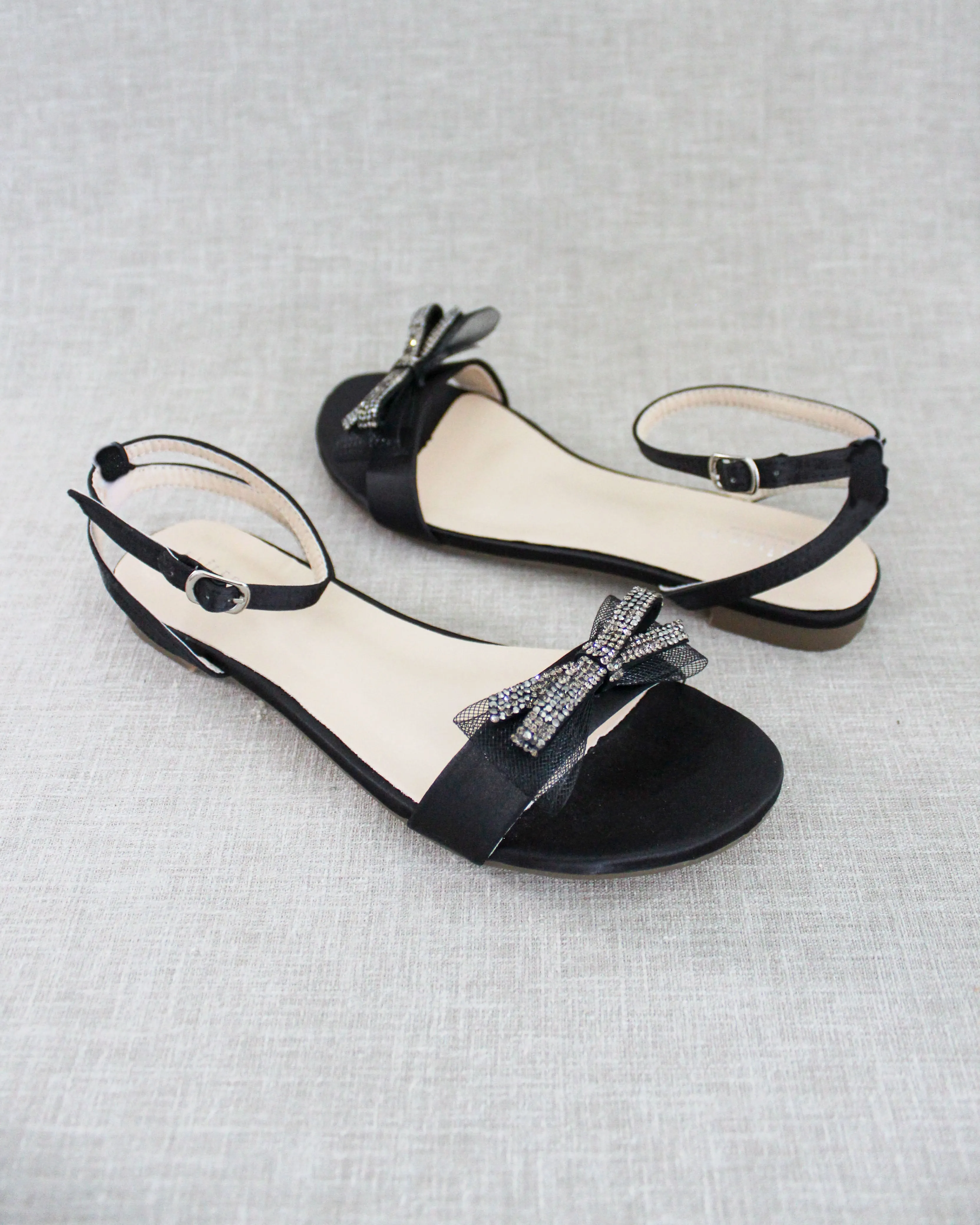 Black Satin Flat Sandal with Mesh Rhinestone Bow and Ankle Strap