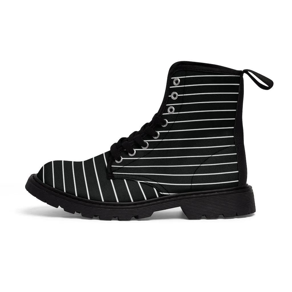 Black Striped Women's Canvas Boots, Modern White Black Stripes Print Winter Boots For Ladies