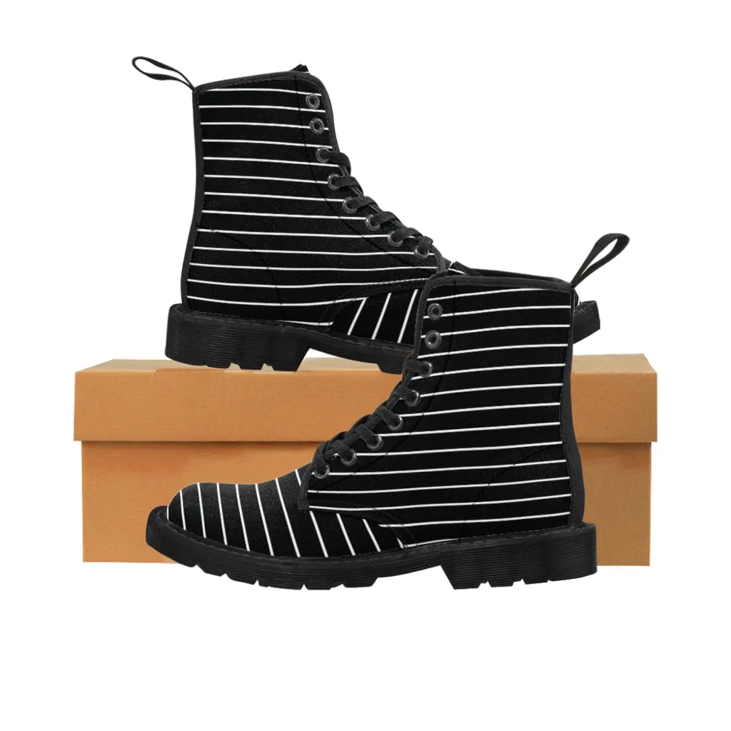 Black Striped Women's Canvas Boots, Modern White Black Stripes Print Winter Boots For Ladies