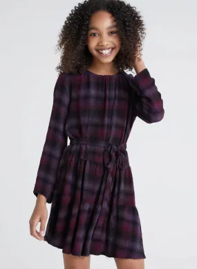 Boysenberry Plaid Long Sleeve Tiered Dress