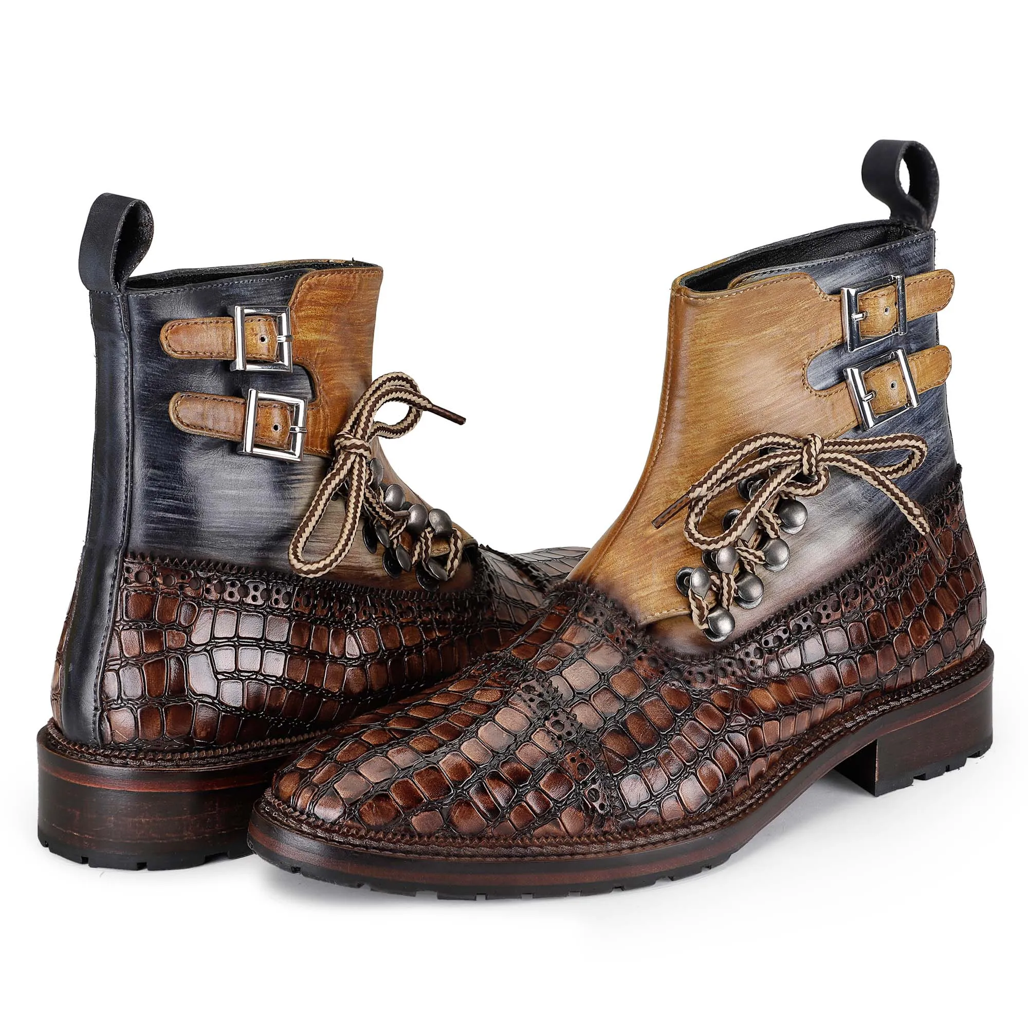 Cap Toe  Lace up Boots - Croc Brown