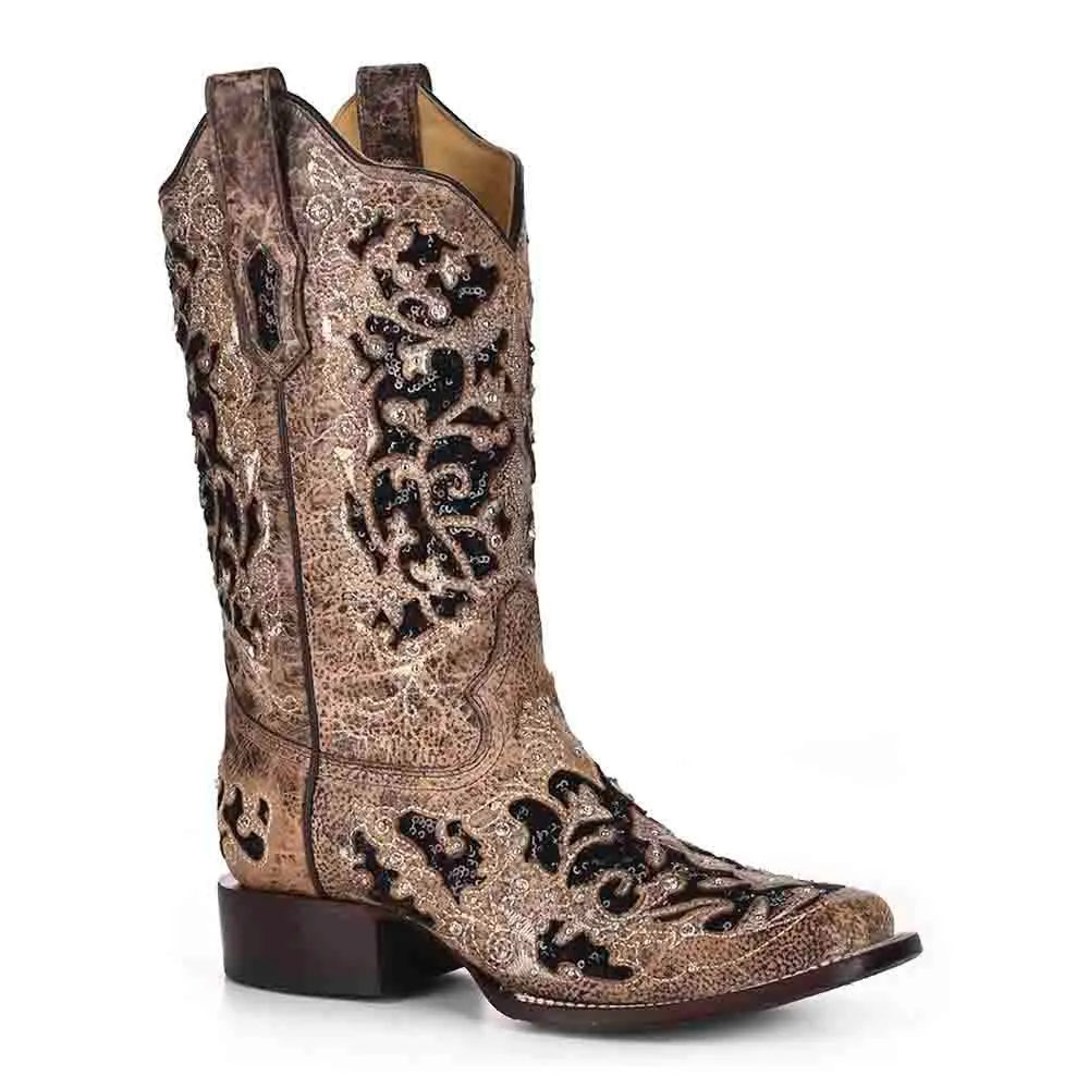 Corral Women’s Brown Inlay, Flowered Embroidery & Studs Boots