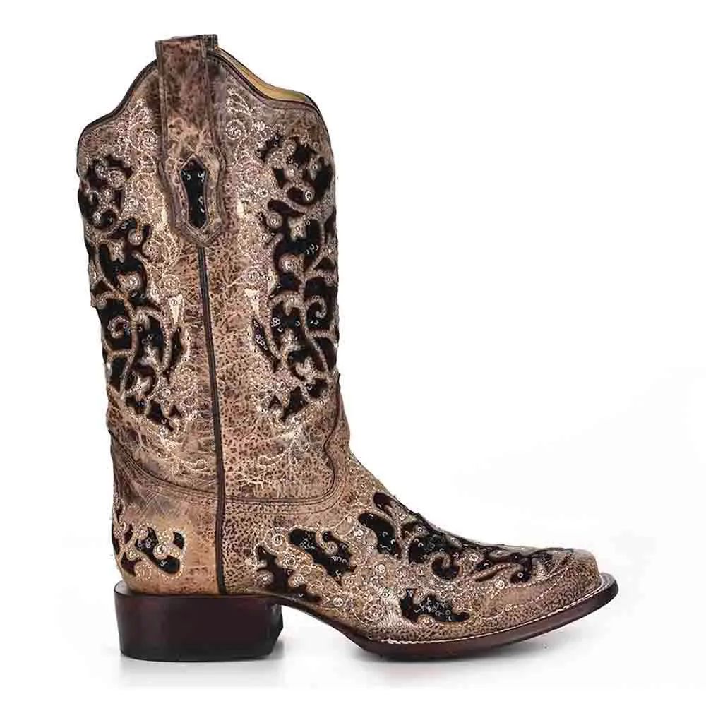 Corral Women’s Brown Inlay, Flowered Embroidery & Studs Boots