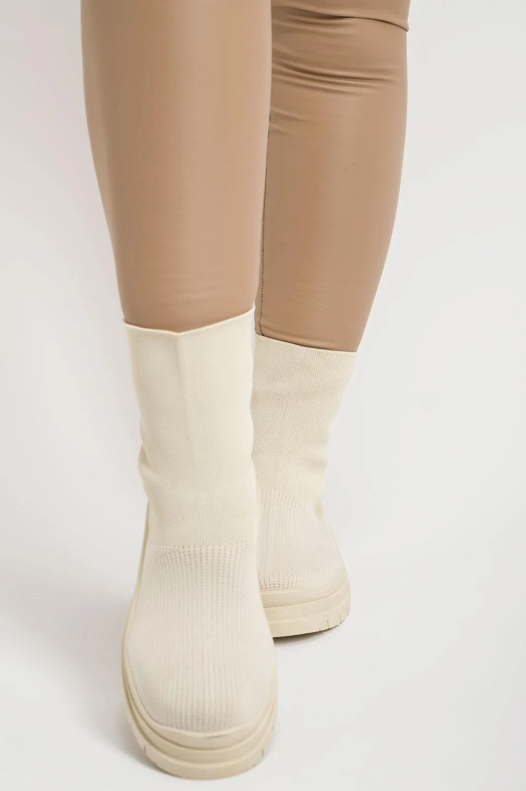 Cream Short Fabric Sock Boots