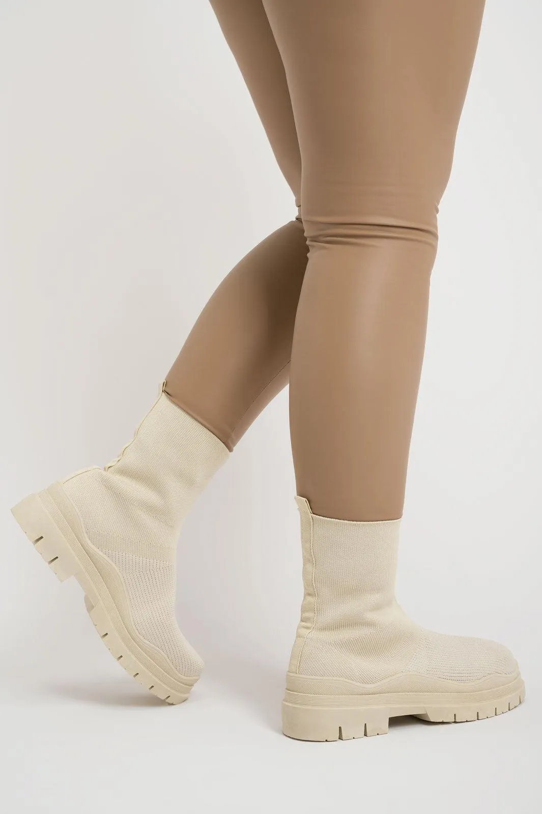 Cream Short Fabric Sock Boots