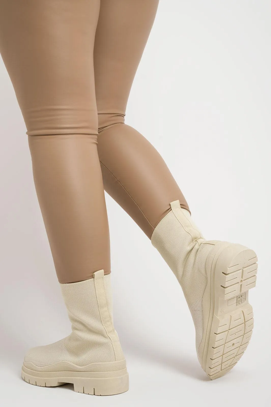 Cream Short Fabric Sock Boots