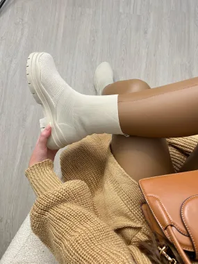 Cream Short Fabric Sock Boots