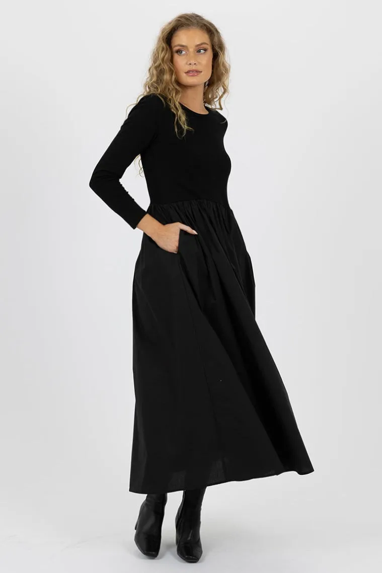 Eva Black Jersey Poplin LS Dress