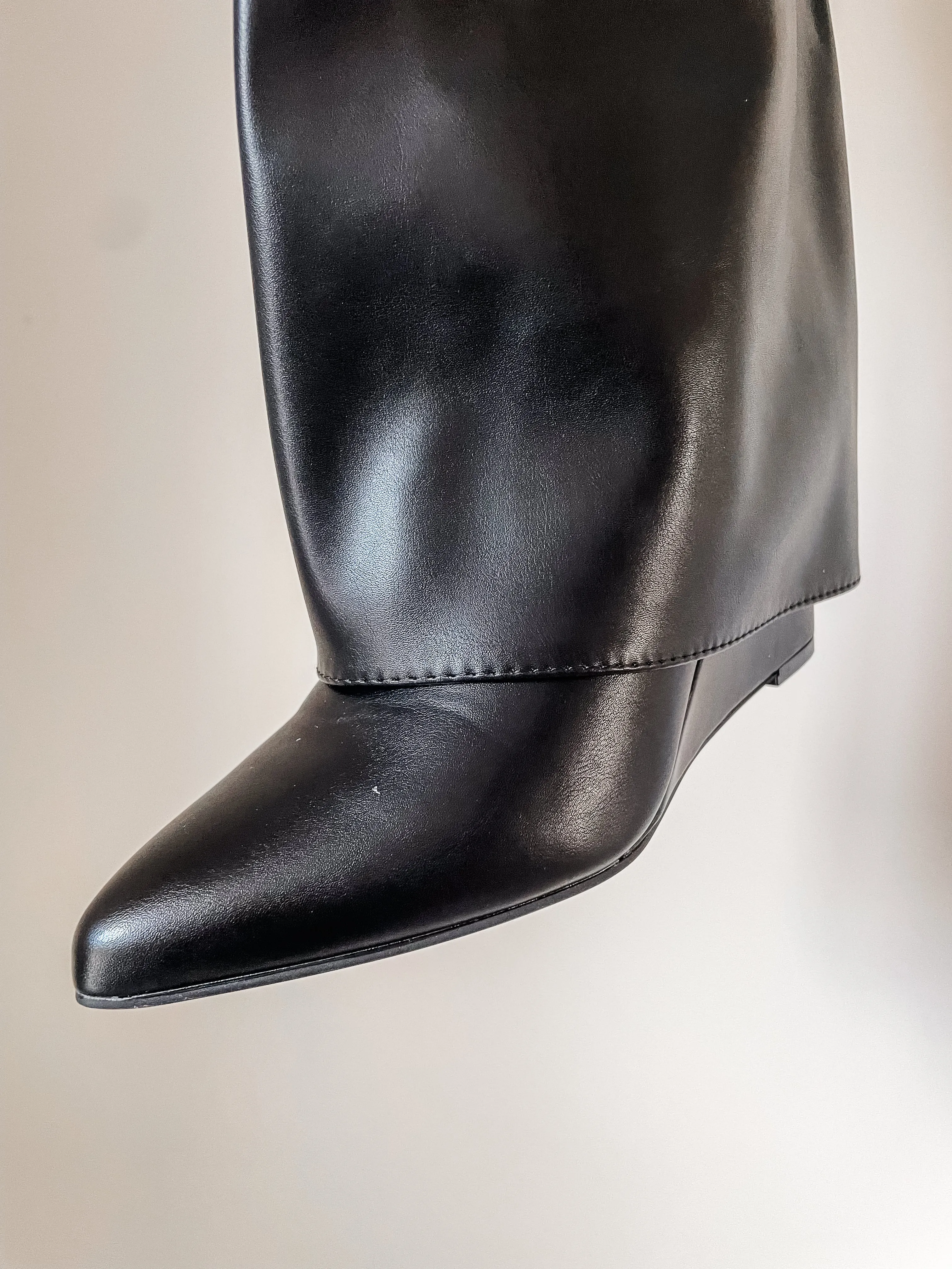 Faux Leather Fold Over Knee High Wedge Boots