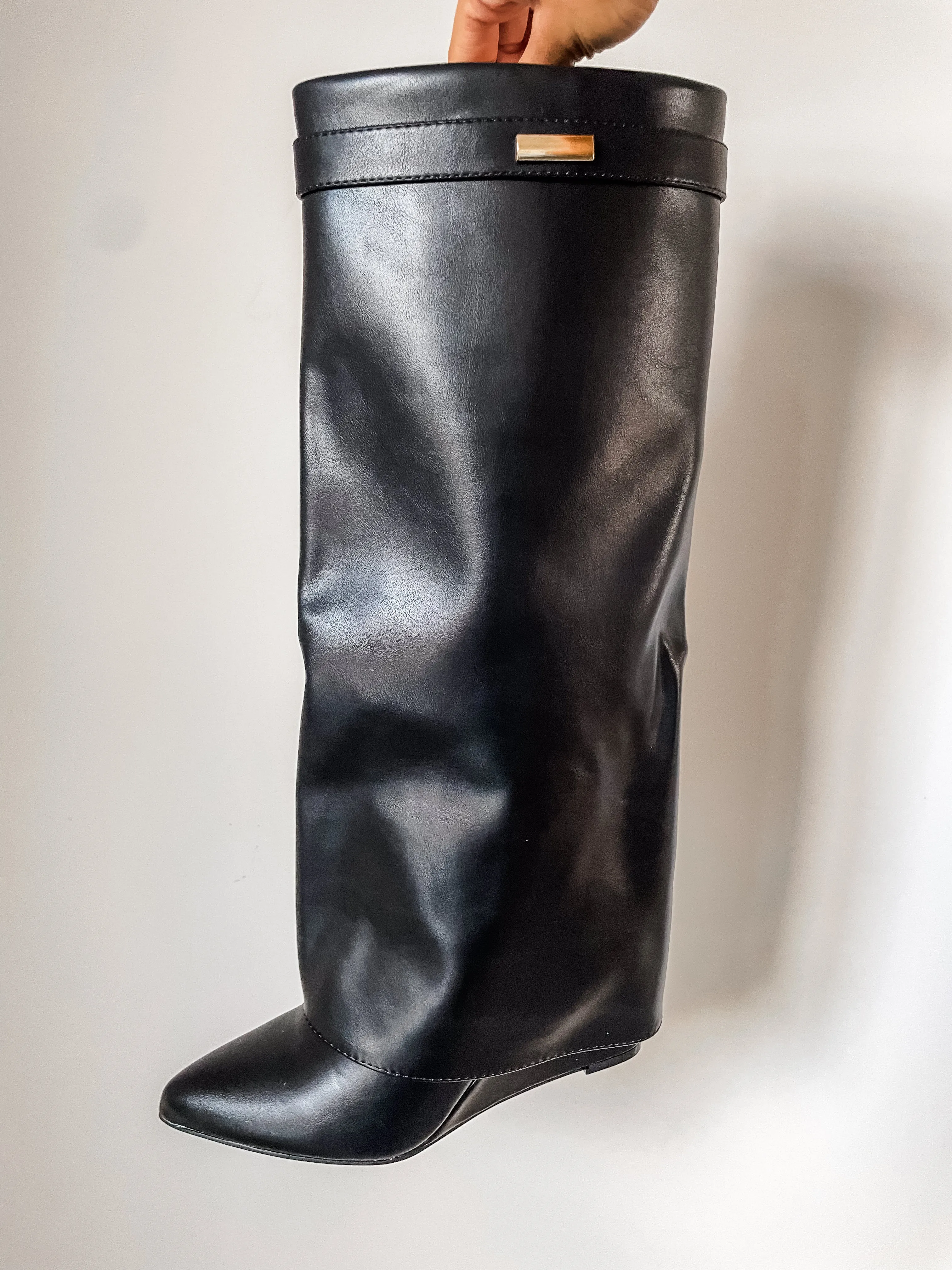 Faux Leather Fold Over Knee High Wedge Boots