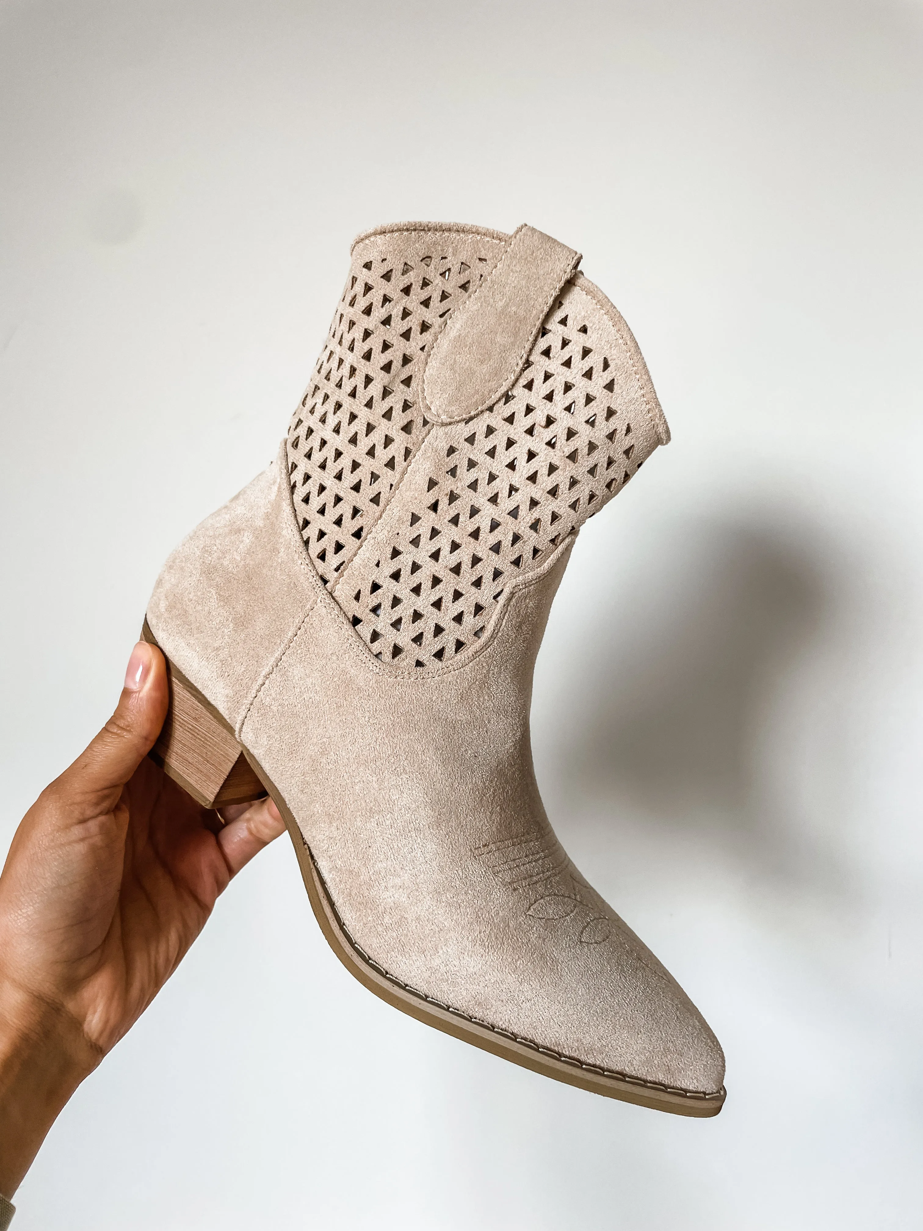 Faux Suede Laser Cut Western Ankle Boots