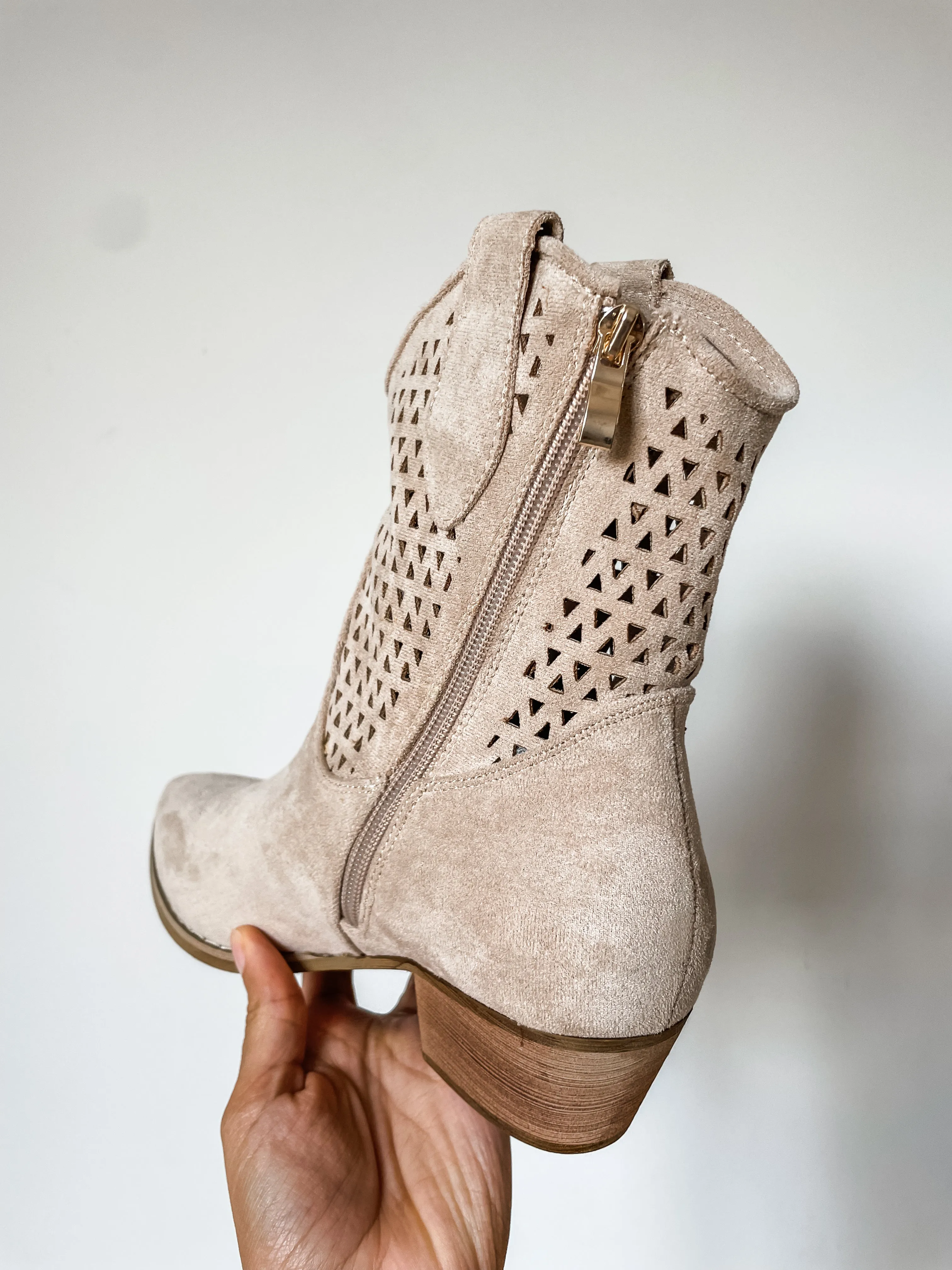 Faux Suede Laser Cut Western Ankle Boots