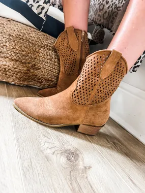 Faux Suede Laser Cut Western Ankle Boots