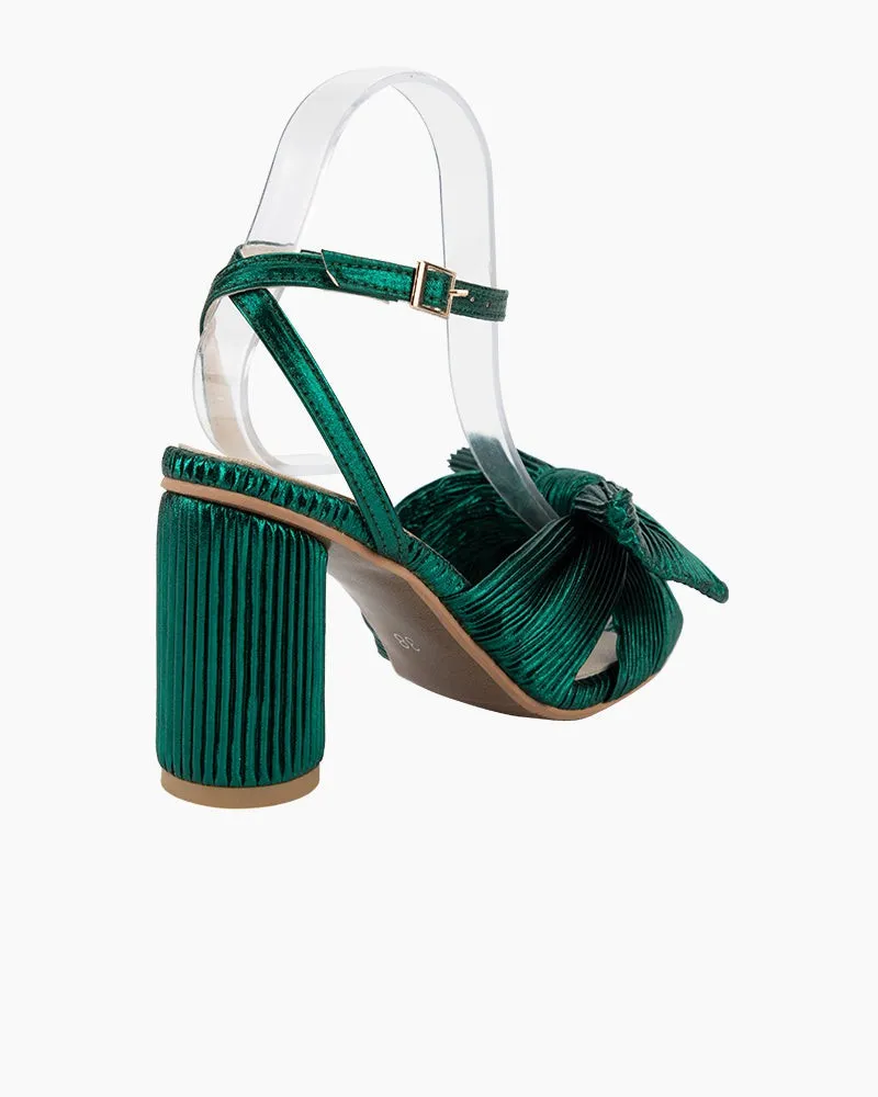 Green Pleated Bow Chunky Ankle High Heel Sandals