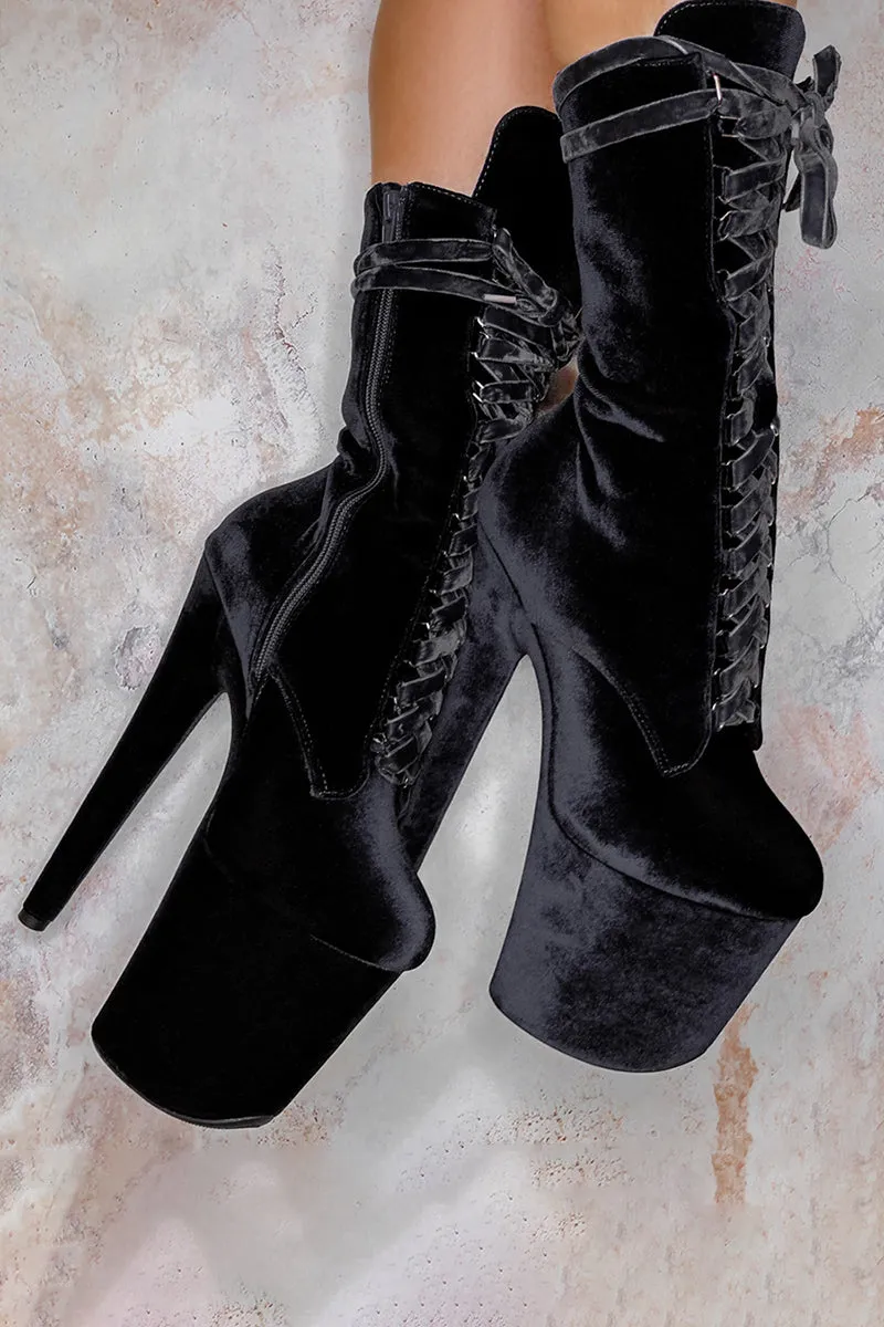 Hella Heels High BabyDoll Velvet 8inch Boots - Russian Roulette