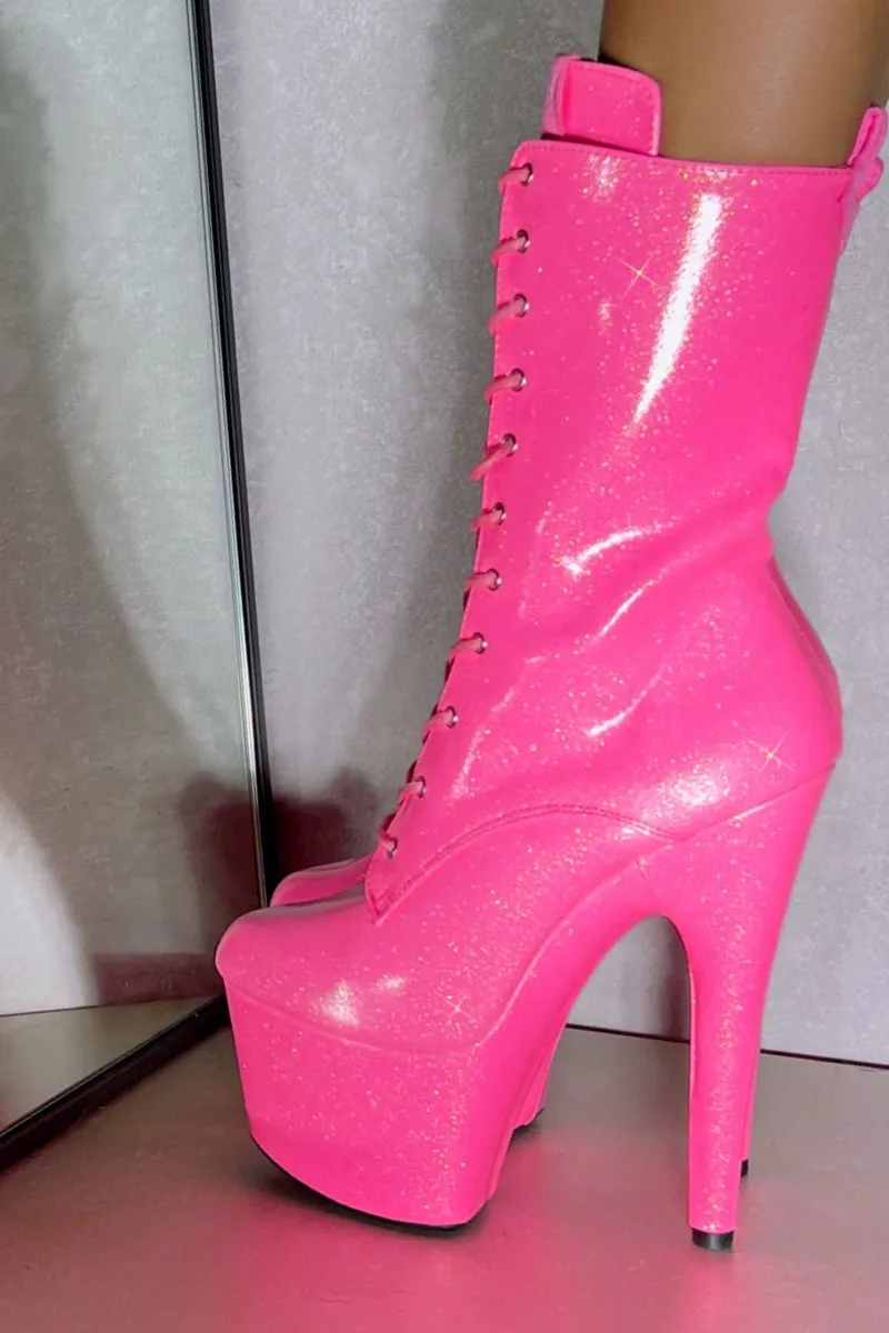 Hella Heels The Glitterati 7inch Boots - Juicy Pink Burst