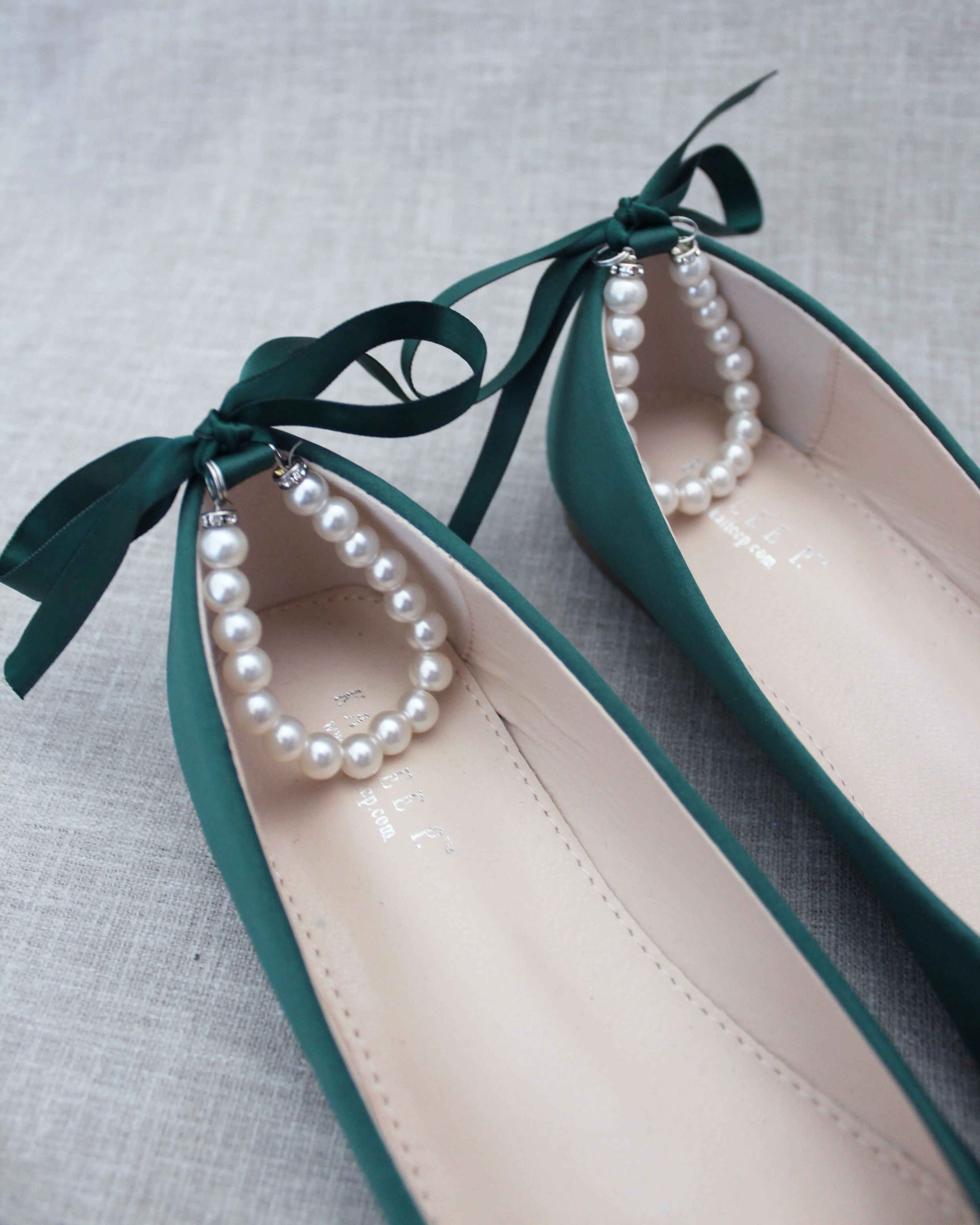 Hunter Green Round Toe Evening Flat with Pearl Strap