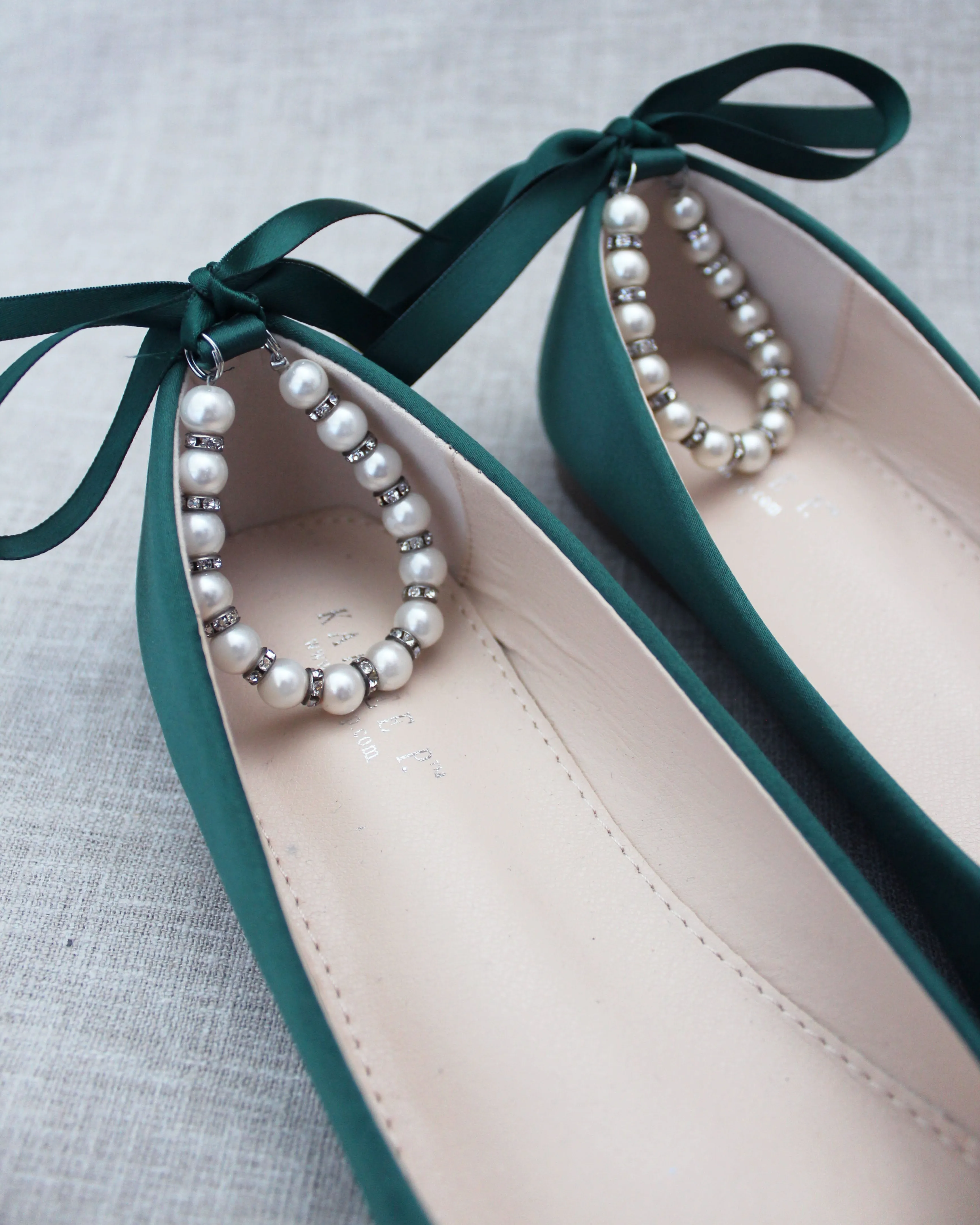 Hunter Green Round Toe Evening Flat with Pearl Strap