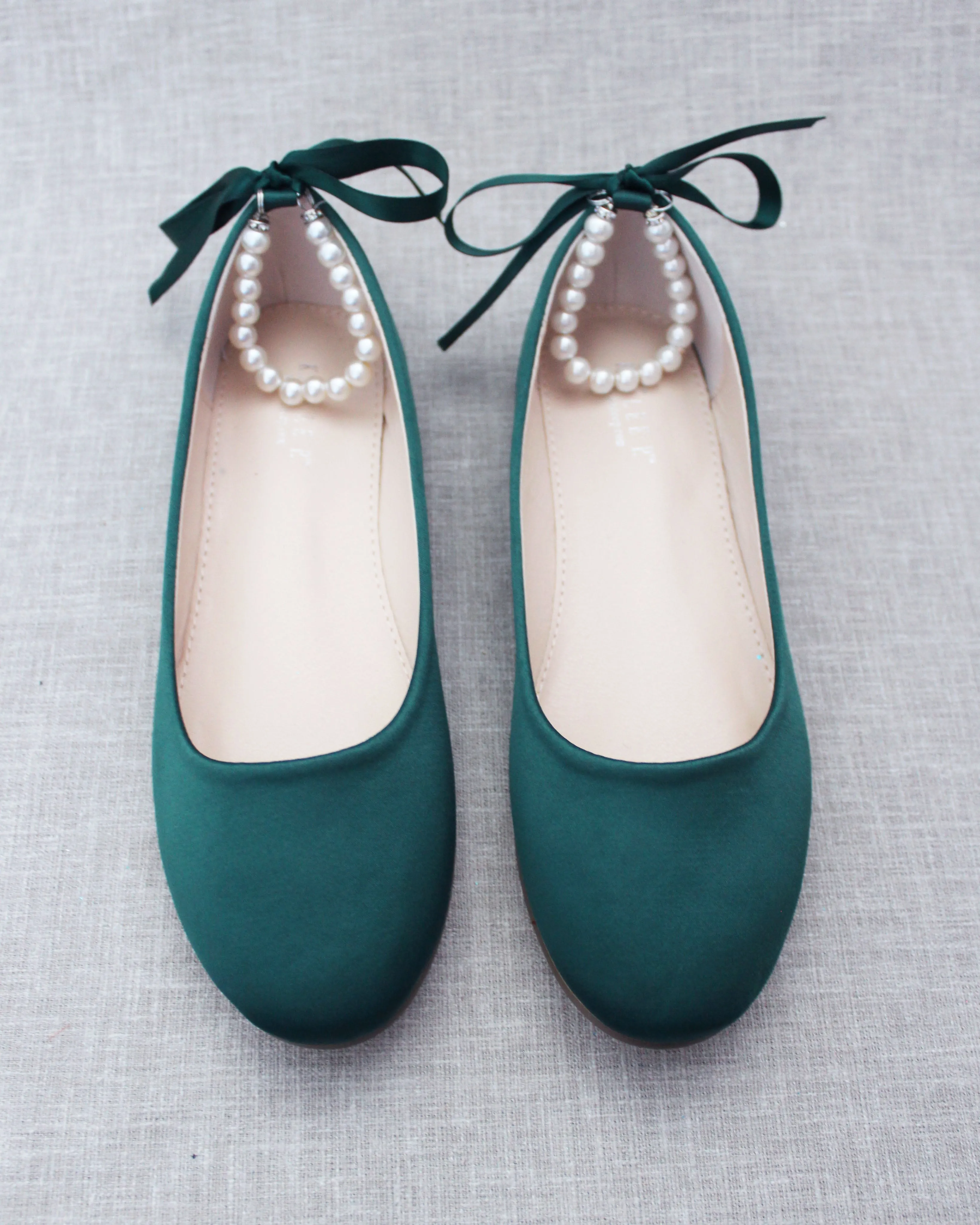 Hunter Green Round Toe Evening Flat with Pearl Strap