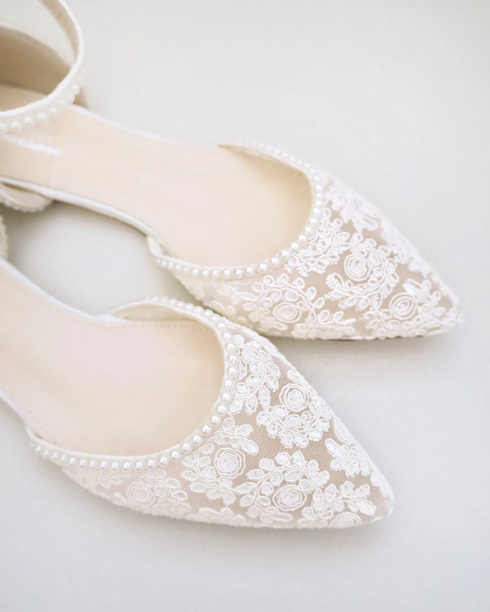 Ivory Crochet Lace Pointy Toe Flats with Mini Pearls