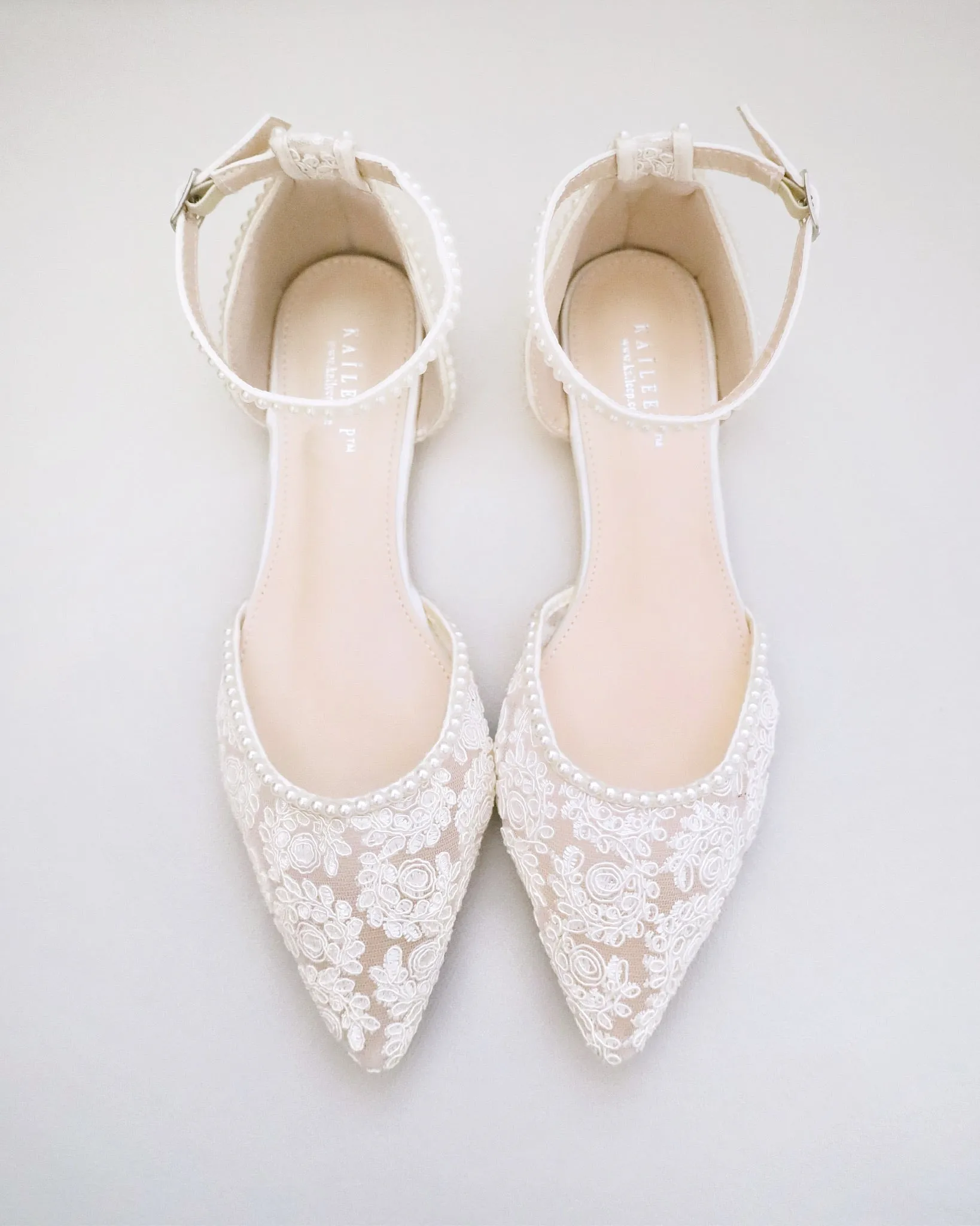 Ivory Crochet Lace Pointy Toe Flats with Mini Pearls