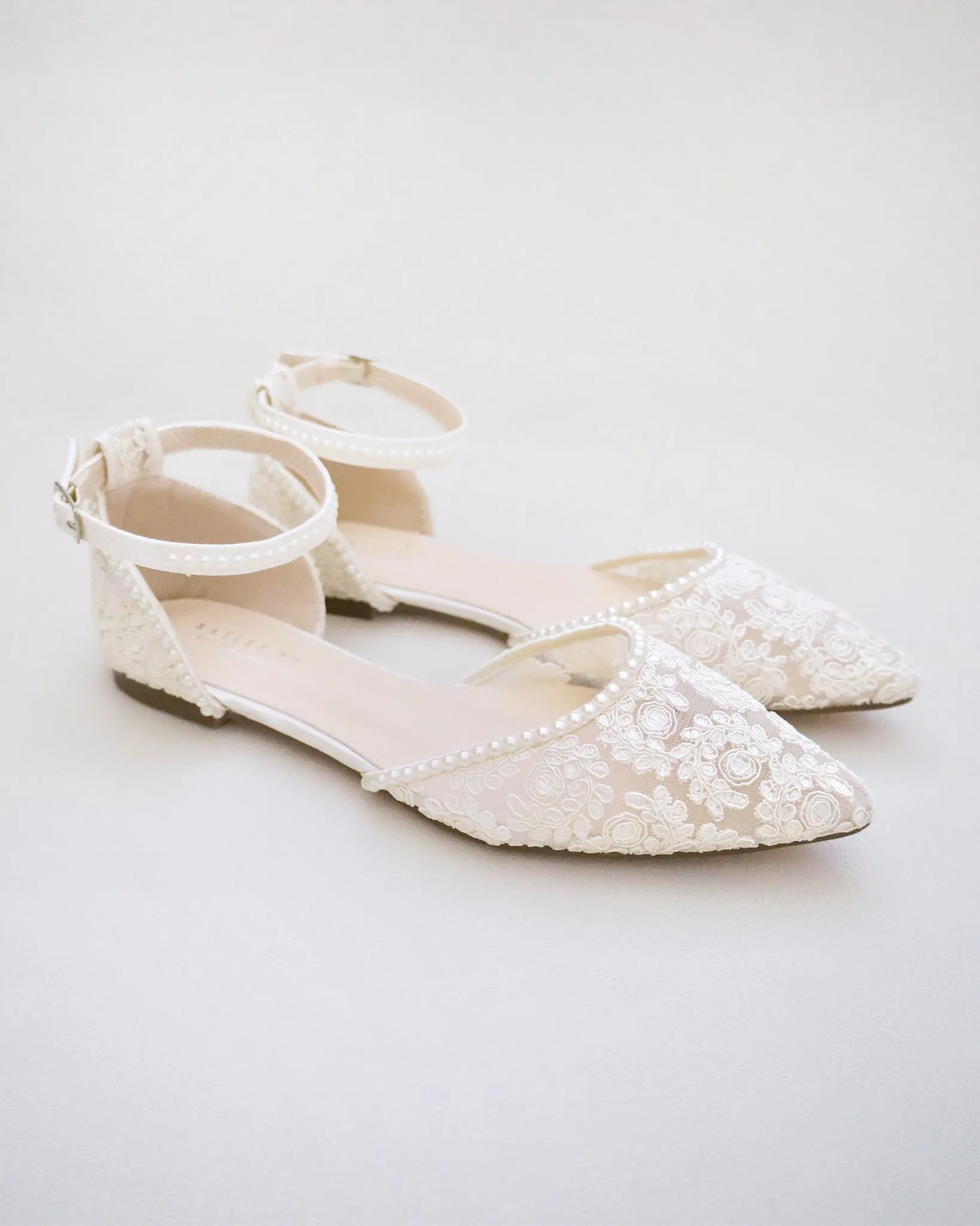 Ivory Crochet Lace Pointy Toe Flats with Mini Pearls