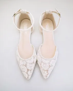 Ivory Crochet Lace Pointy Toe Flats with Mini Pearls