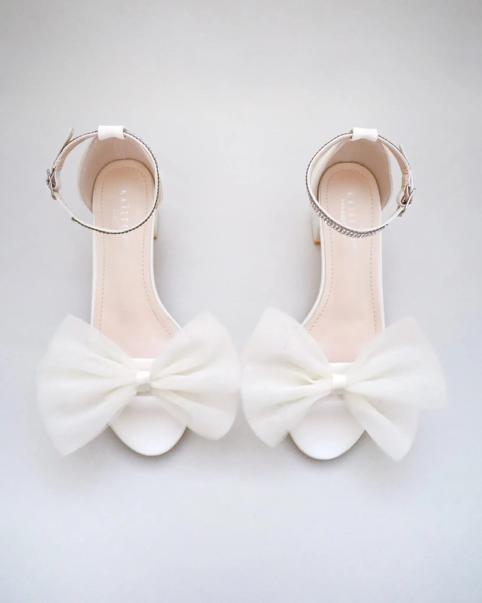 Ivory Satin Block Heel Sandal with Front Oversized Tulle Bow