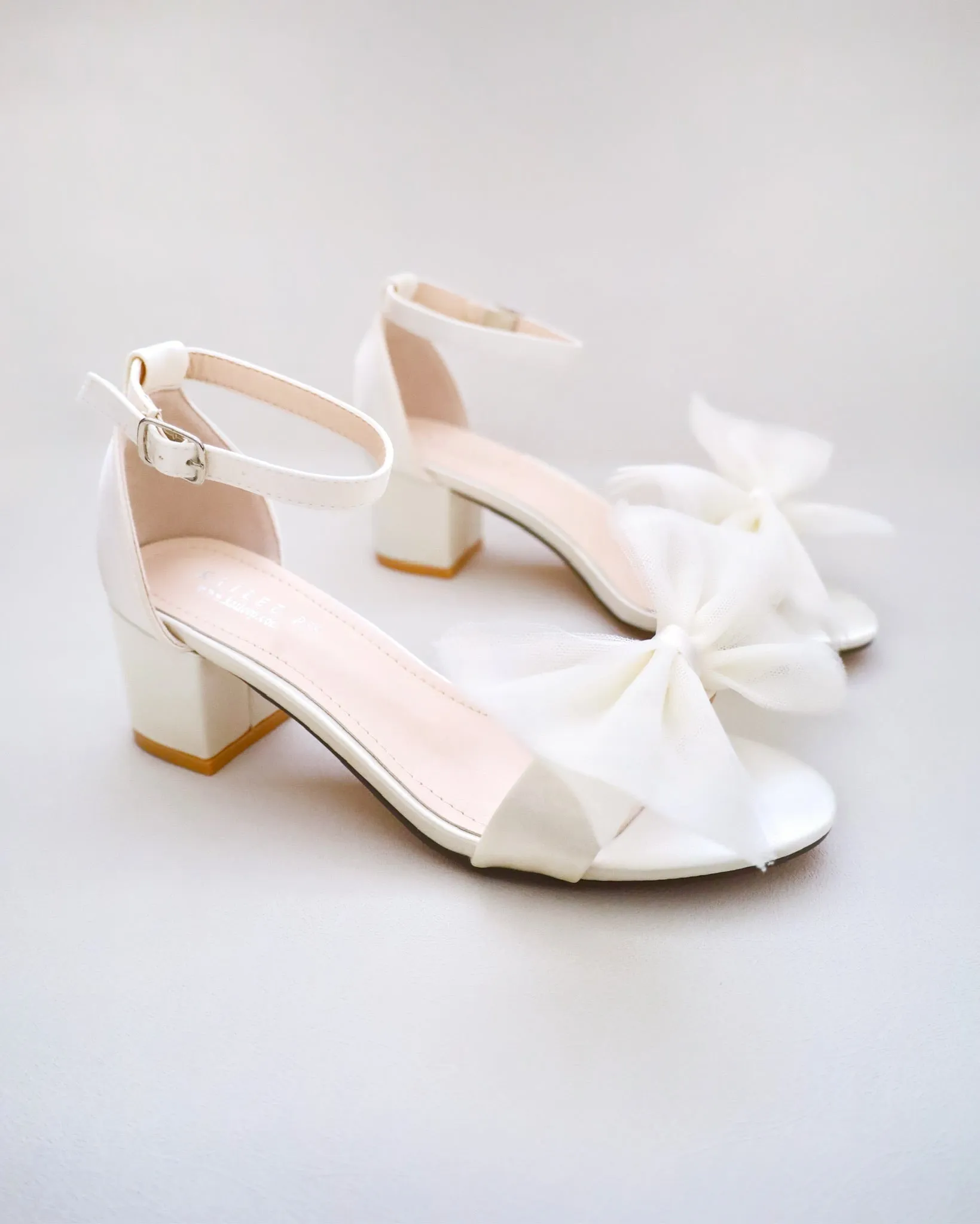 Ivory Satin Block Heel Sandal with Front Oversized Tulle Bow