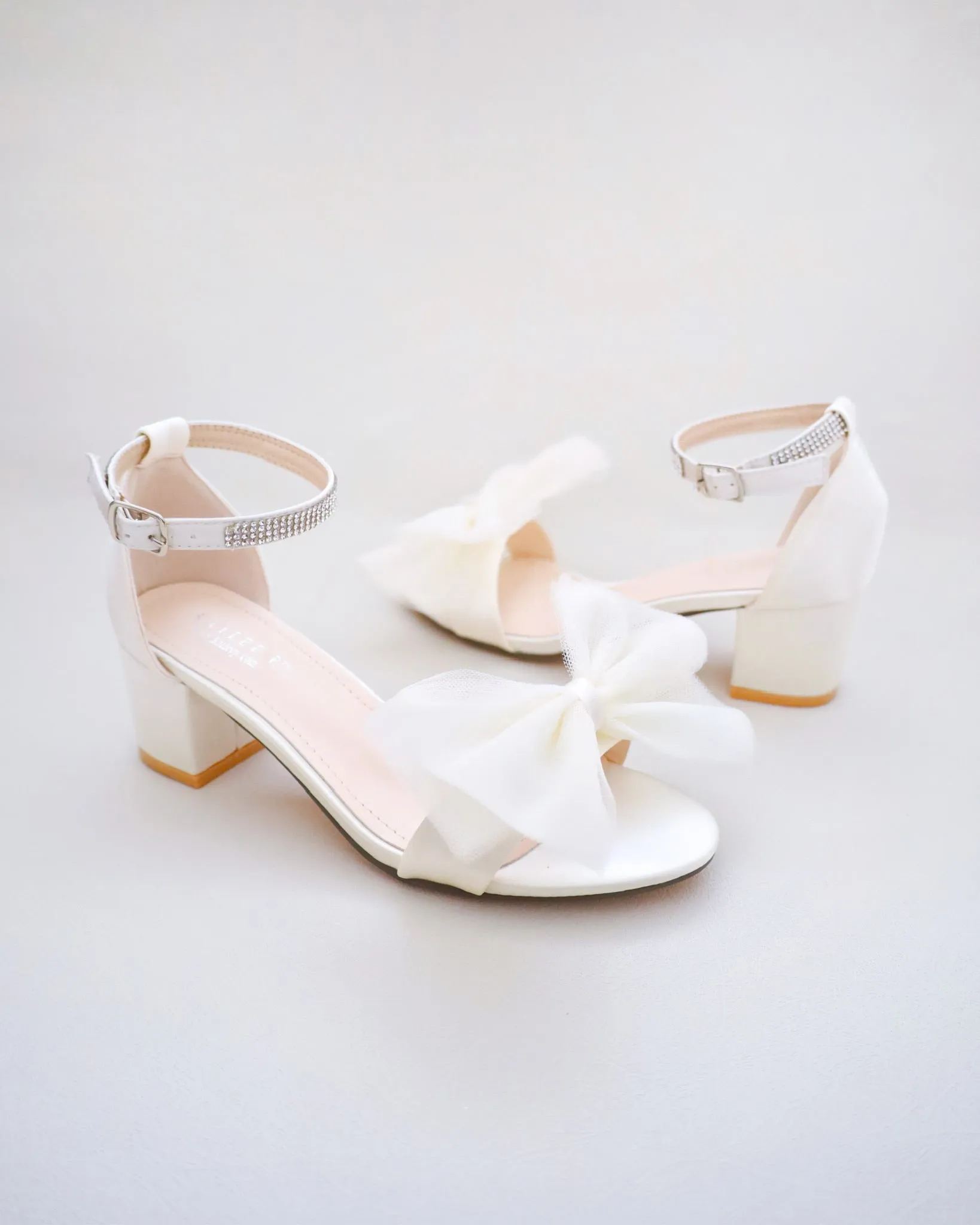 Ivory Satin Block Heel Sandal with Front Oversized Tulle Bow